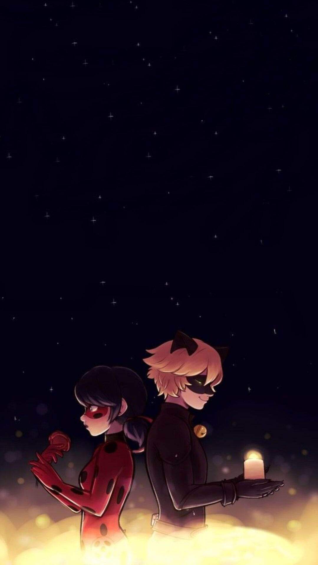 Dark Night Miraculous Ladybug, starry night sky, glowing candle, Full HD Phone Wallpaper