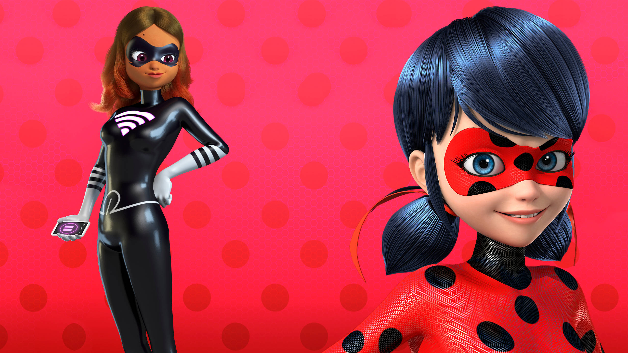 Miraculous Ladybug, pink polka dot background, animated superhero girls, 2K Desktop Wallpaper