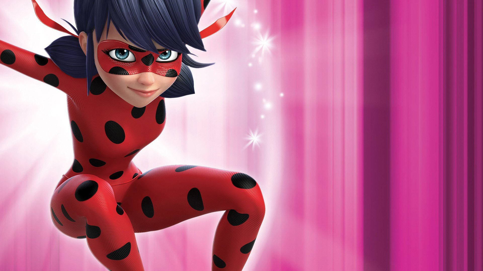 Pink Miraculous Ladybug, red and black spotted suit, glowing pink curtain backdrop, Full HD Desktop Wallpaper