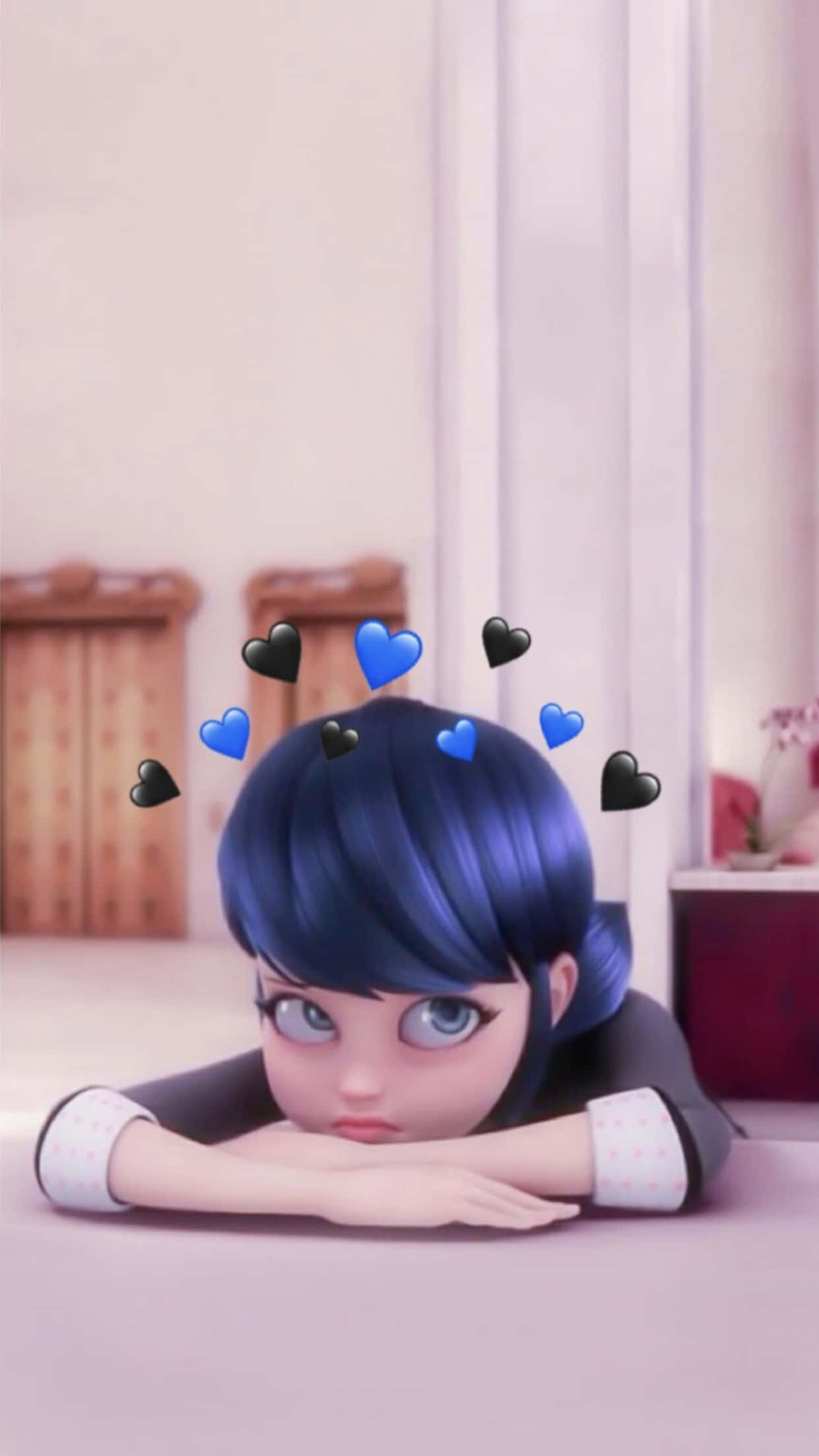 Cute Miraculous Ladybug, blue-haired anime girl, floating blue and black hearts, Full HD Phone Wallpaper
