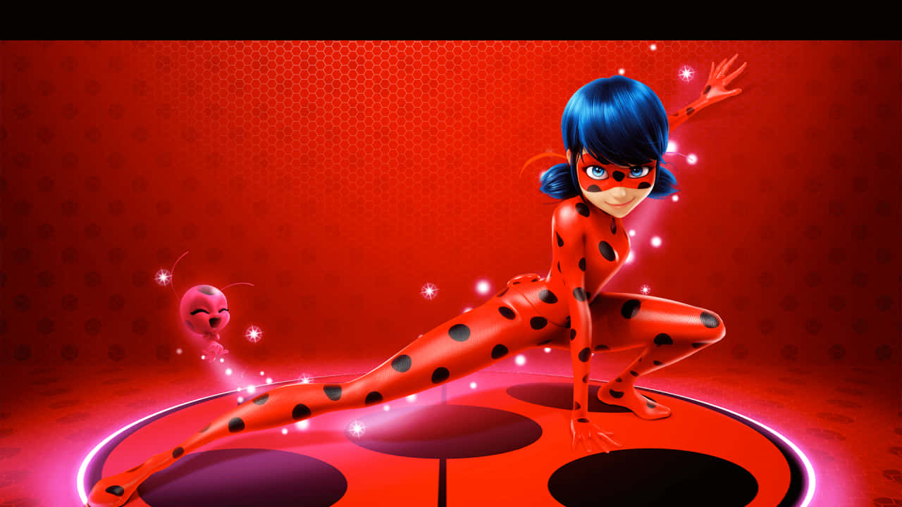 Cute Miraculous Ladybug, red and black spotted suit, glowing red hexagonal background, HD Desktop Wallpaper