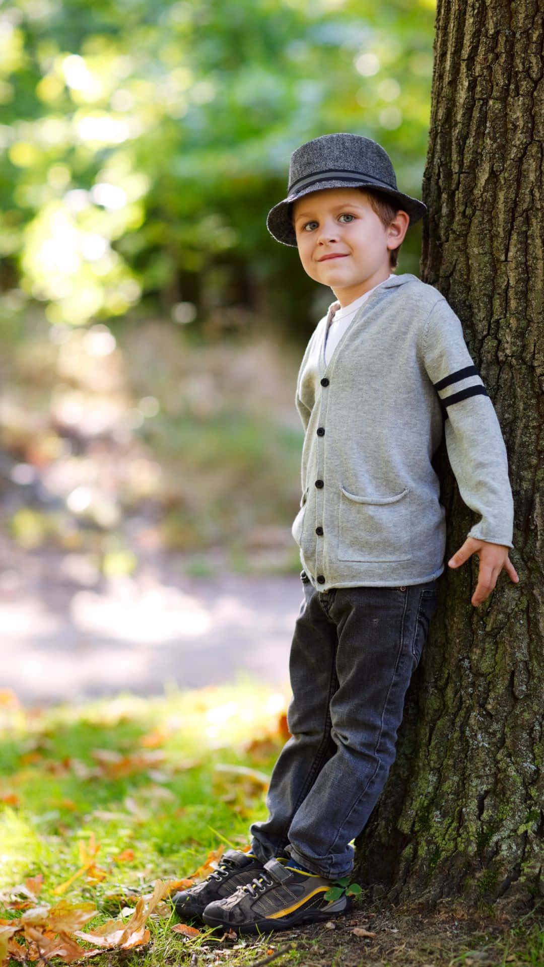 fedora, grey hat, cardigan, Full HD Phone Wallpaper
