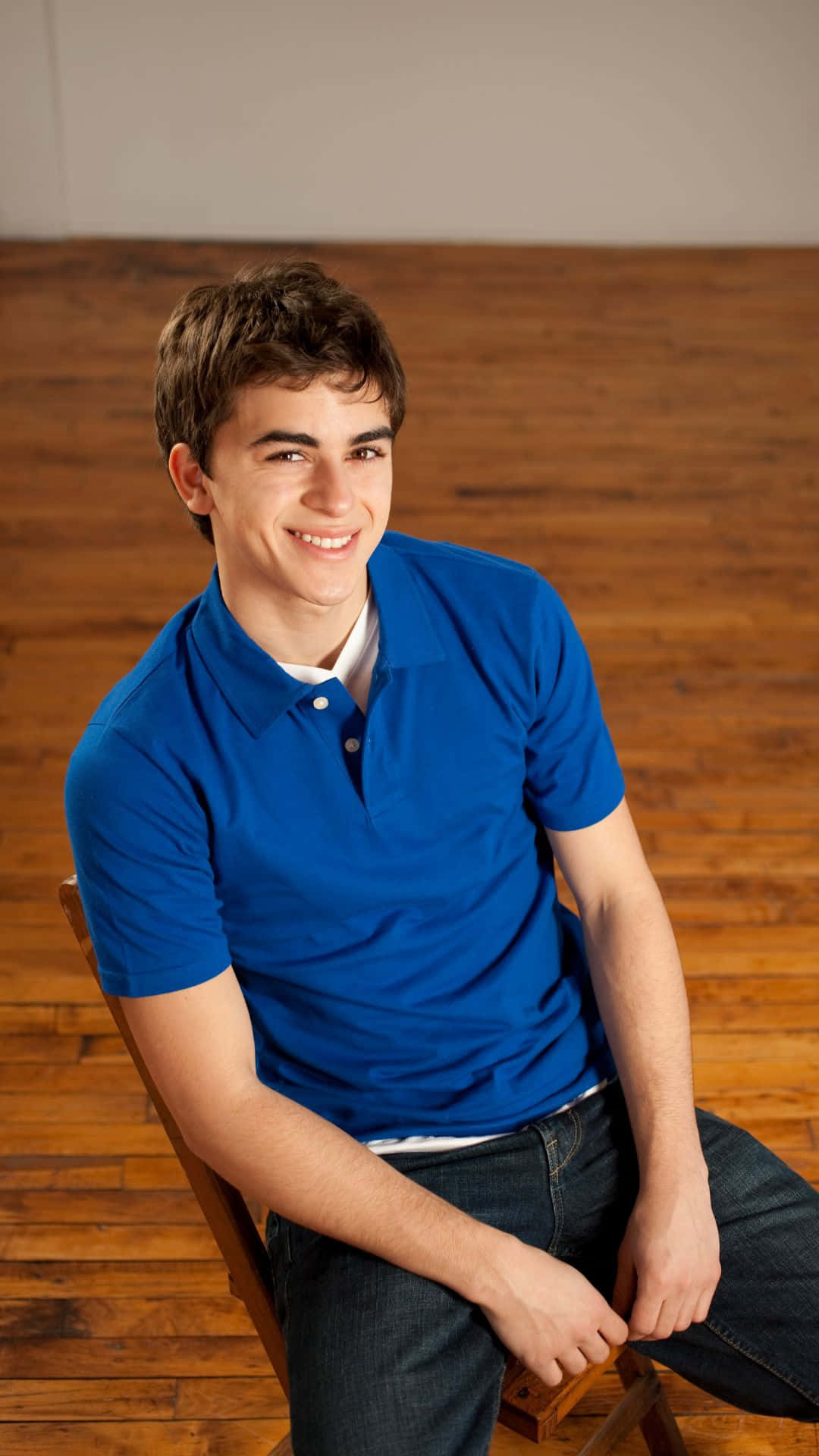 blue polo shirt, wooden chair, warm hardwood floor, Full HD Phone Wallpaper