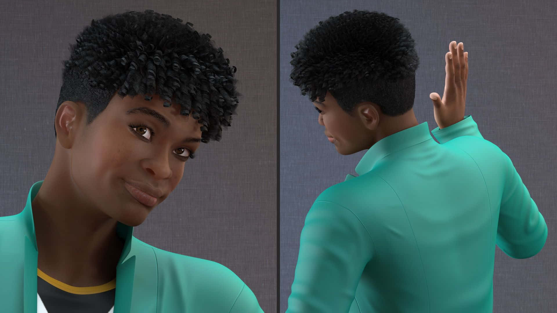 curly black hair, teal jacket, split-screen 3D render, Full HD Desktop Wallpaper