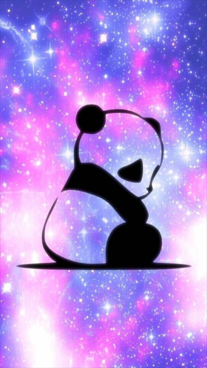 Cute Mobile Panda Art, black panda silhouette, vibrant purple and blue starry galaxy backdrop, HD Phone Wallpaper
