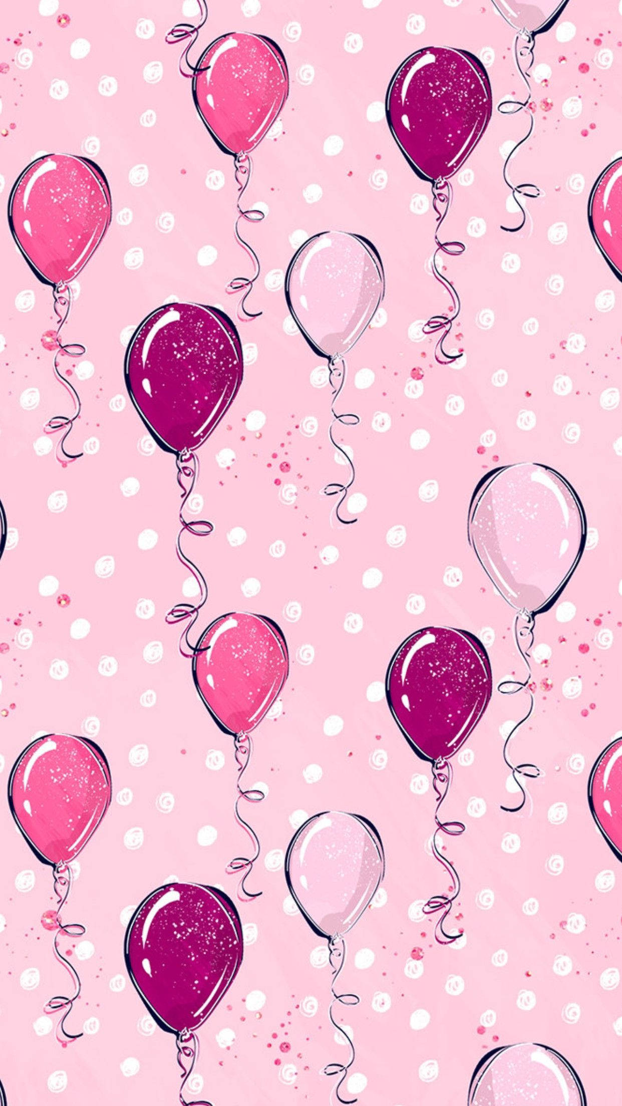 cute mobile, pink glitter balloons, dotted pink background, Full HD Phone Wallpaper