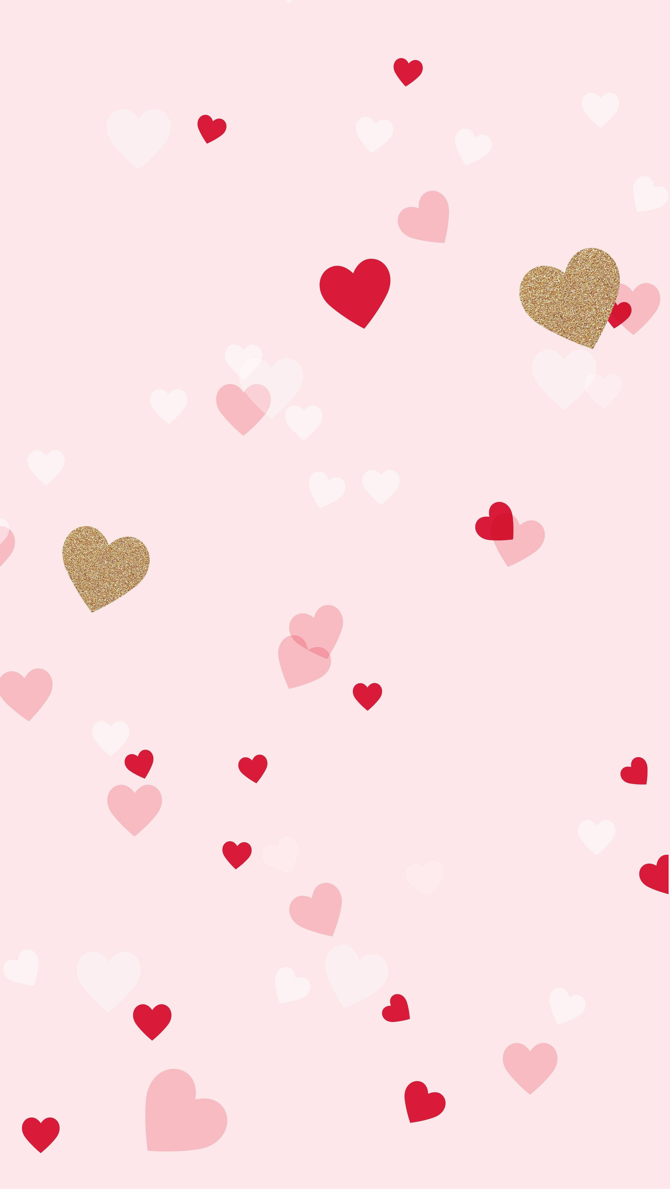 Cute Mobile Hearts, soft pink background, red white and gold glitter hearts, 4K Phone Wallpaper