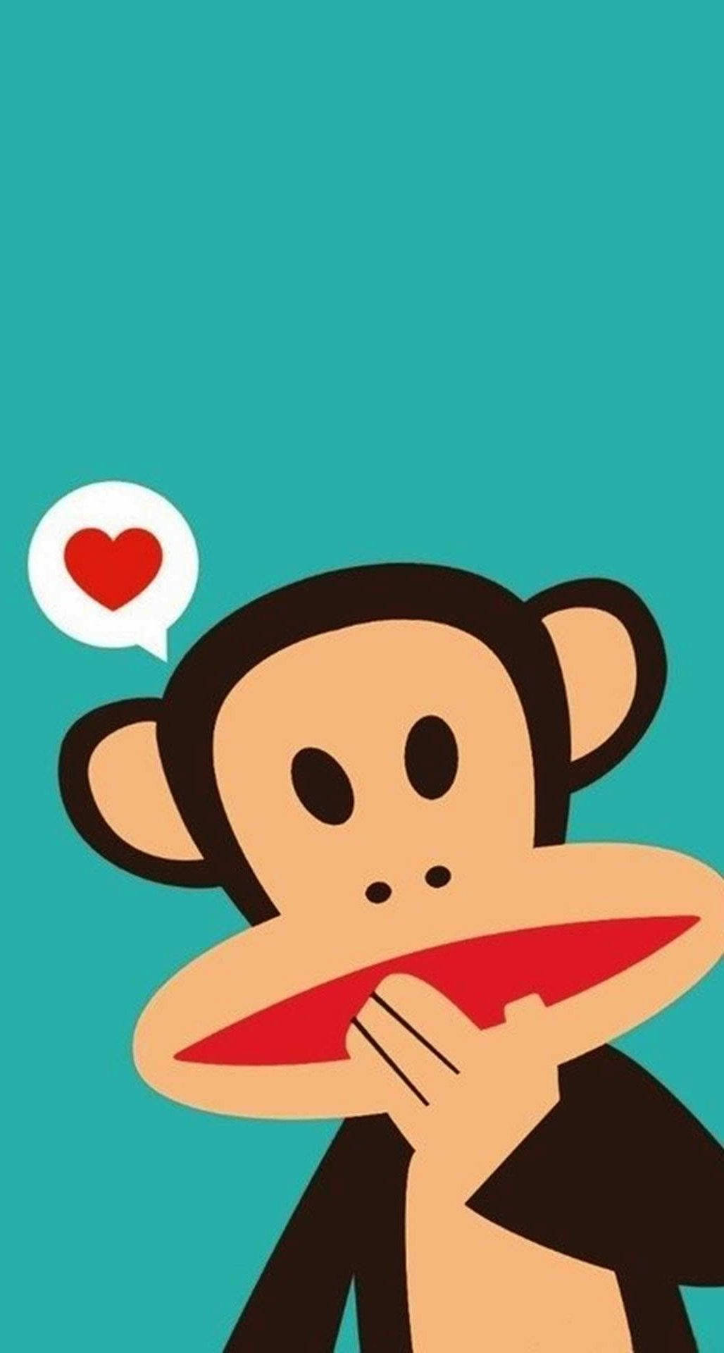 cute monkey, red heart speech bubble, red surfboard, Full HD Phone Wallpaper