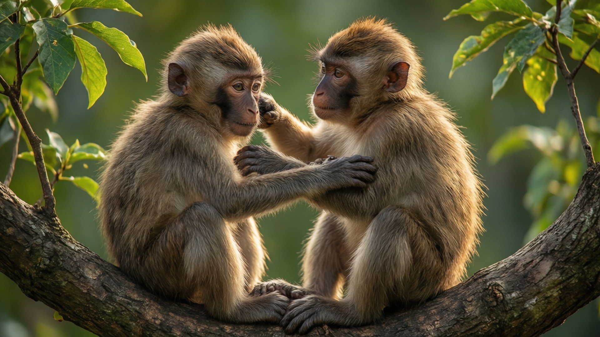 monkeys grooming, tree branch, lush green foliage, Full HD Desktop Wallpaper