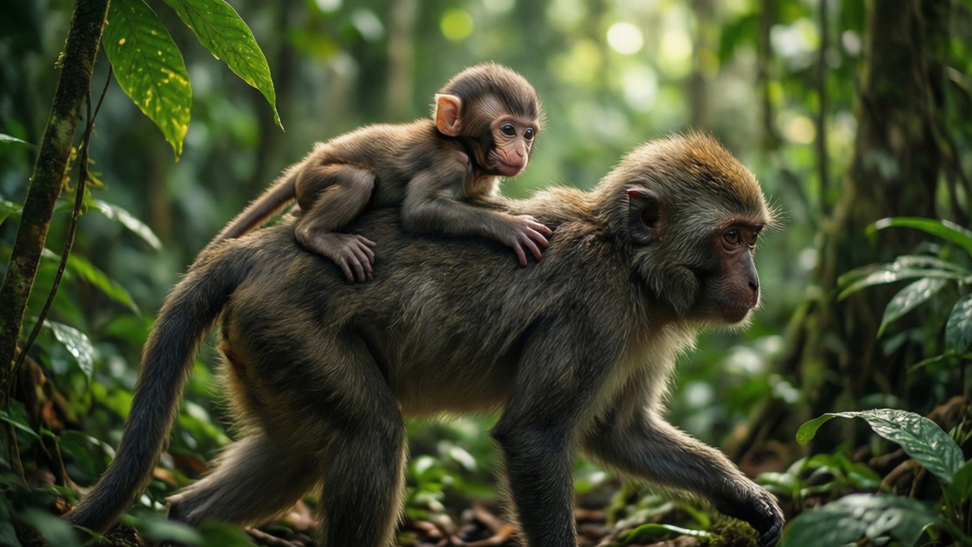 monkey mother, baby monkey, lush green jungle, Full HD Desktop Wallpaper
