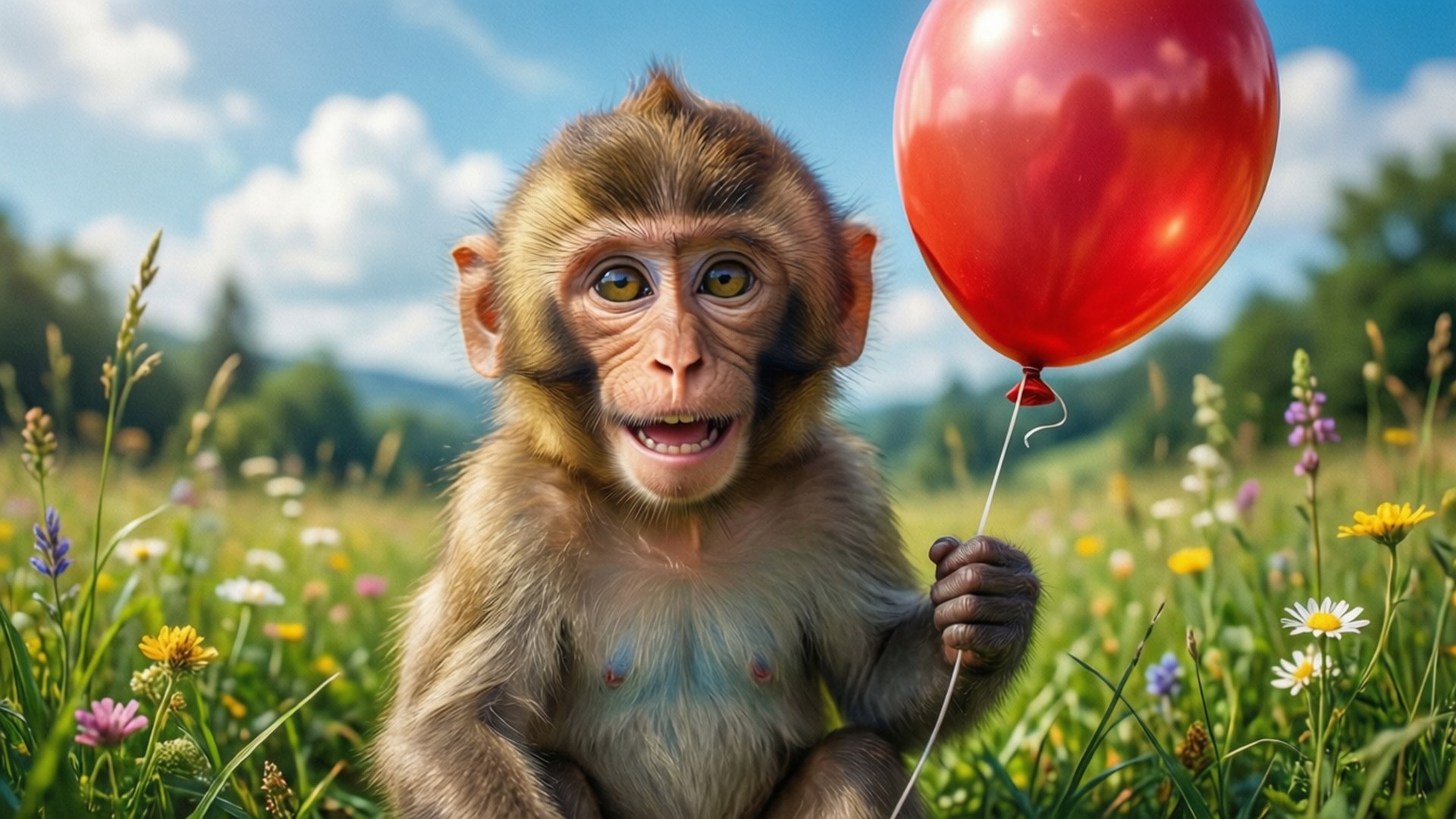 monkey, red balloon, sunlit meadow, Full HD Desktop Wallpaper