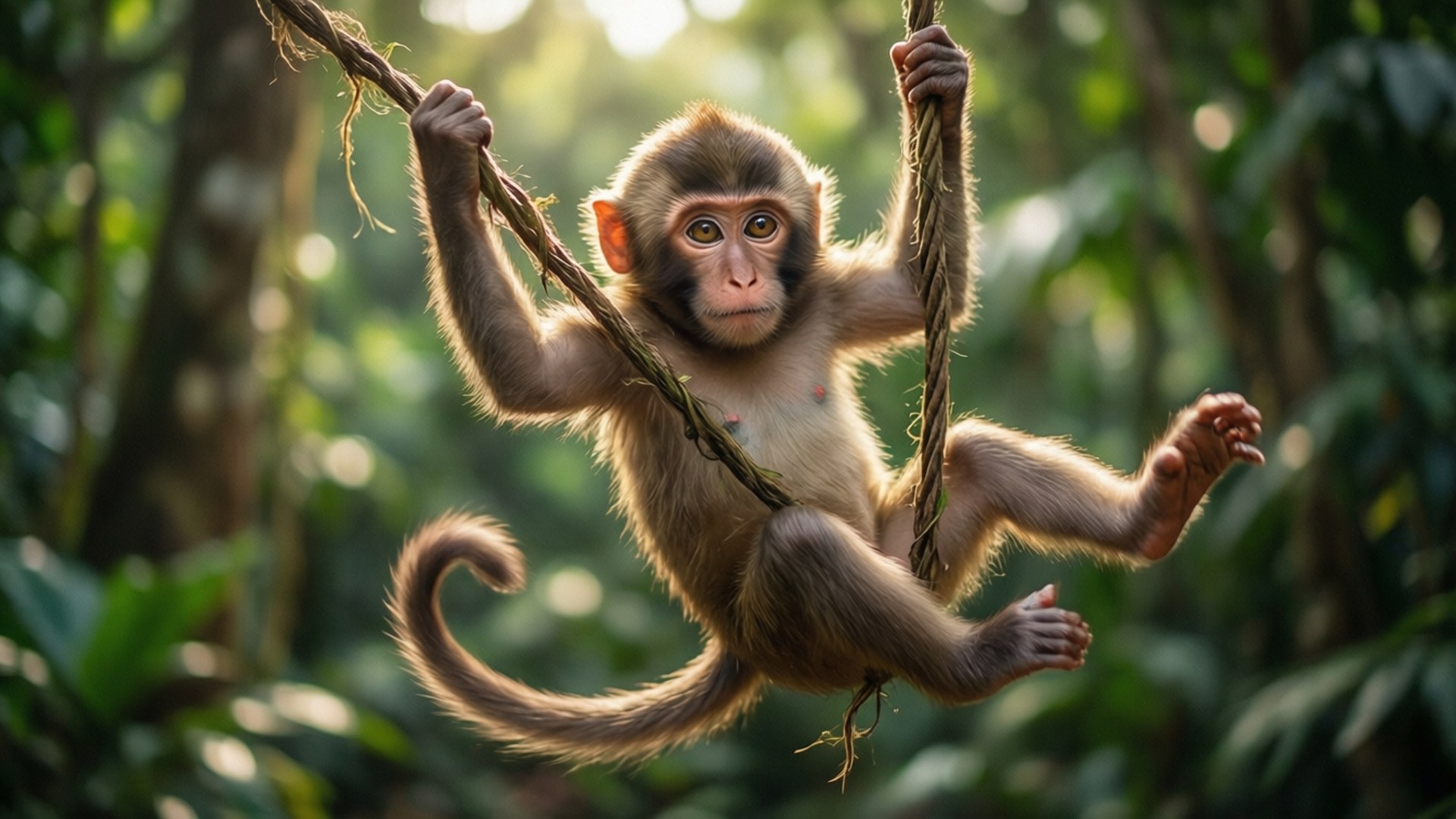 monkey, vine, sunlit jungle, Full HD Desktop Wallpaper