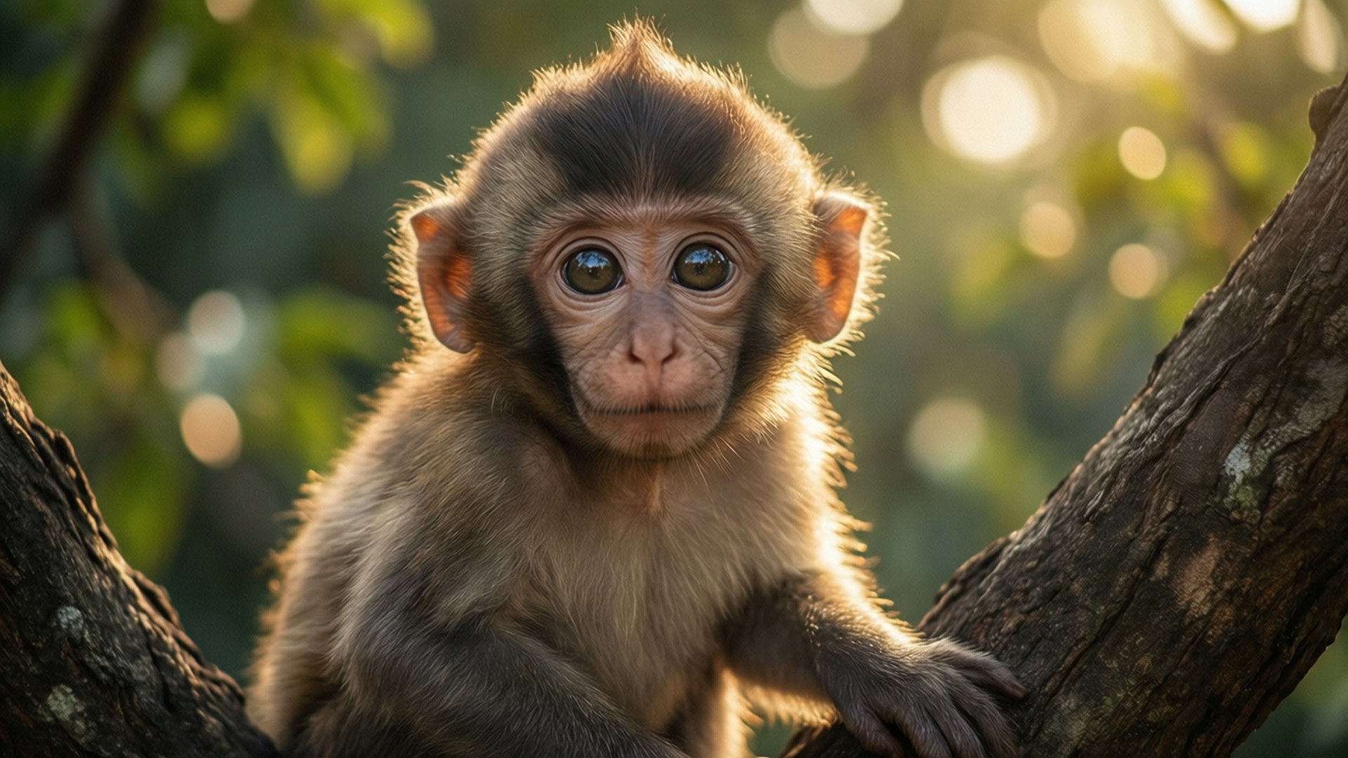 sunlit branch monkey, golden sunlight, tree branches, Full HD Desktop Wallpaper