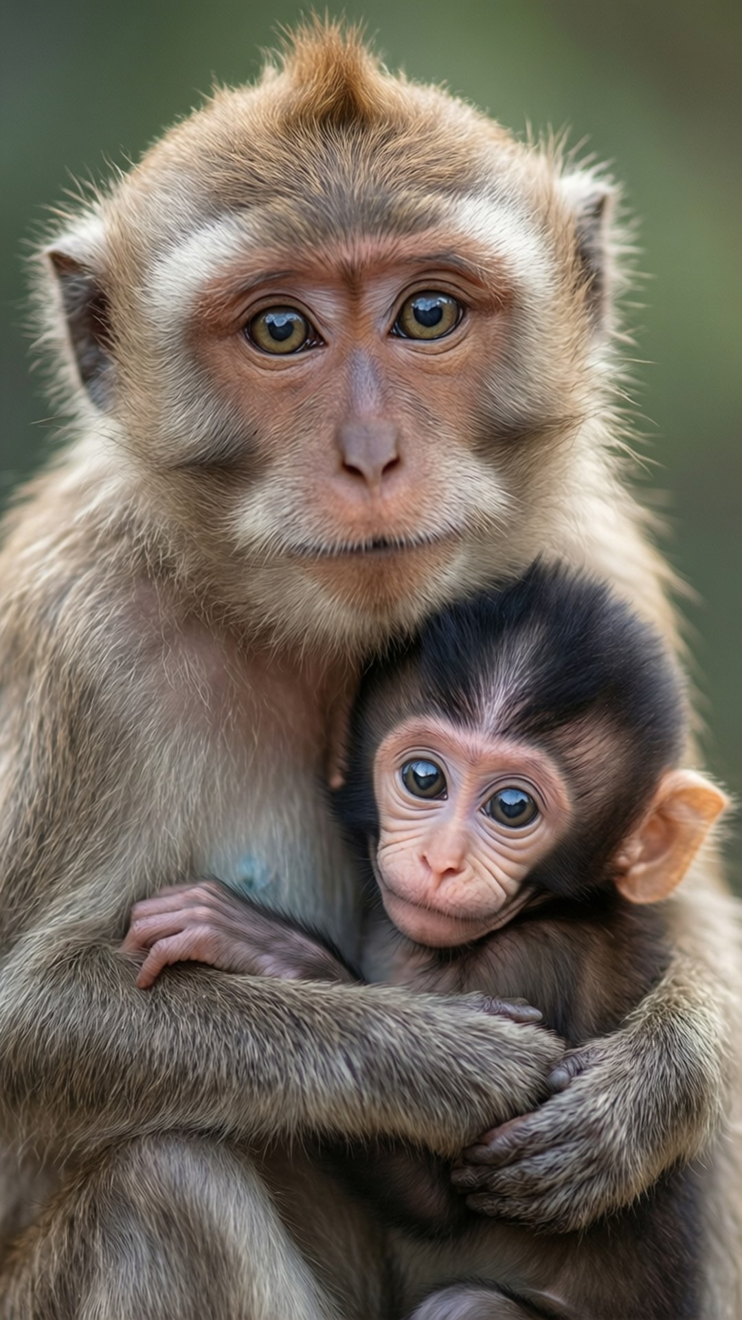 mother macaque, baby macaque, soft blurred green background, Full HD Phone Wallpaper
