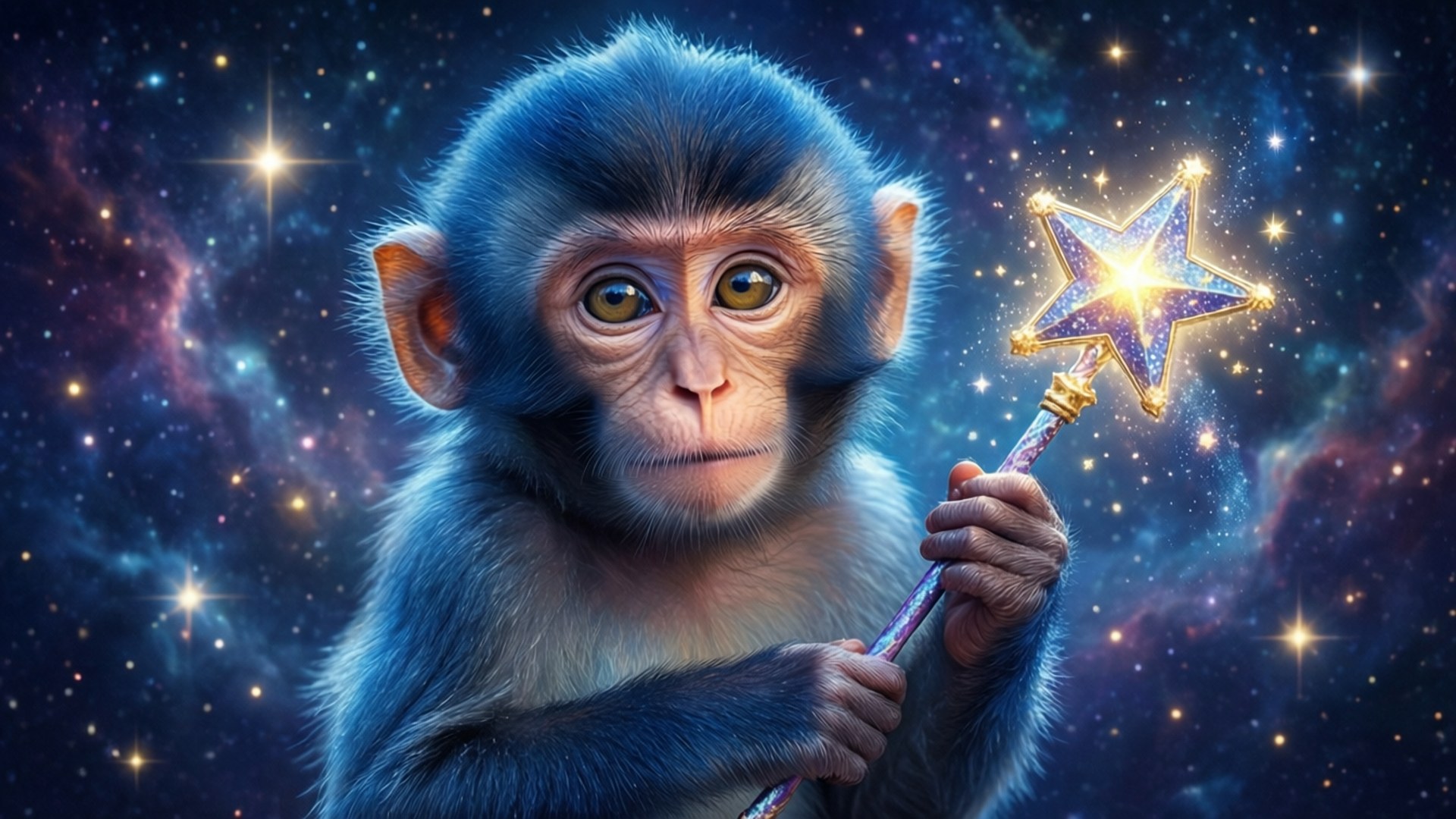 Cosmic Star Monkey, blue-furred monkey, glowing star-topped wand, Full HD Desktop Wallpaper