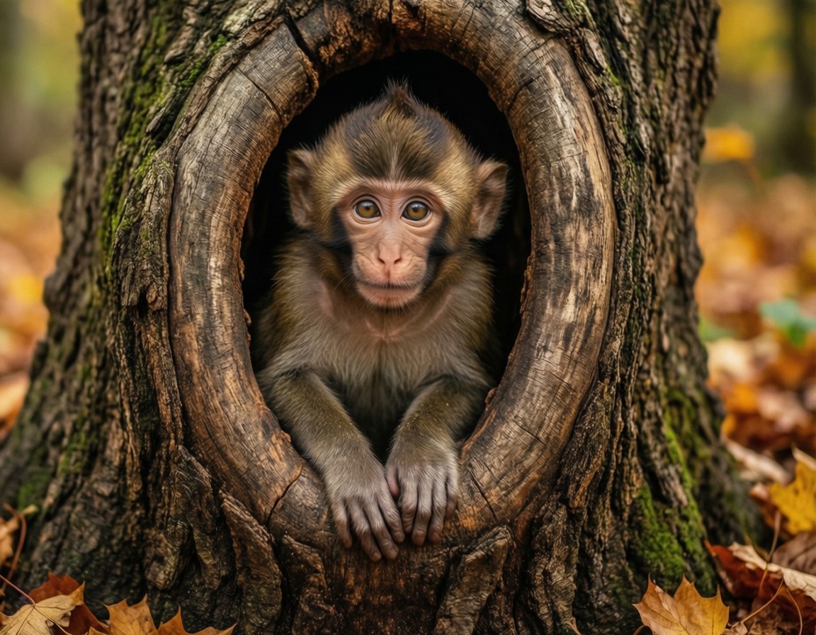 young monkey, hollow tree trunk, autumn leaves, SD Desktop Wallpaper