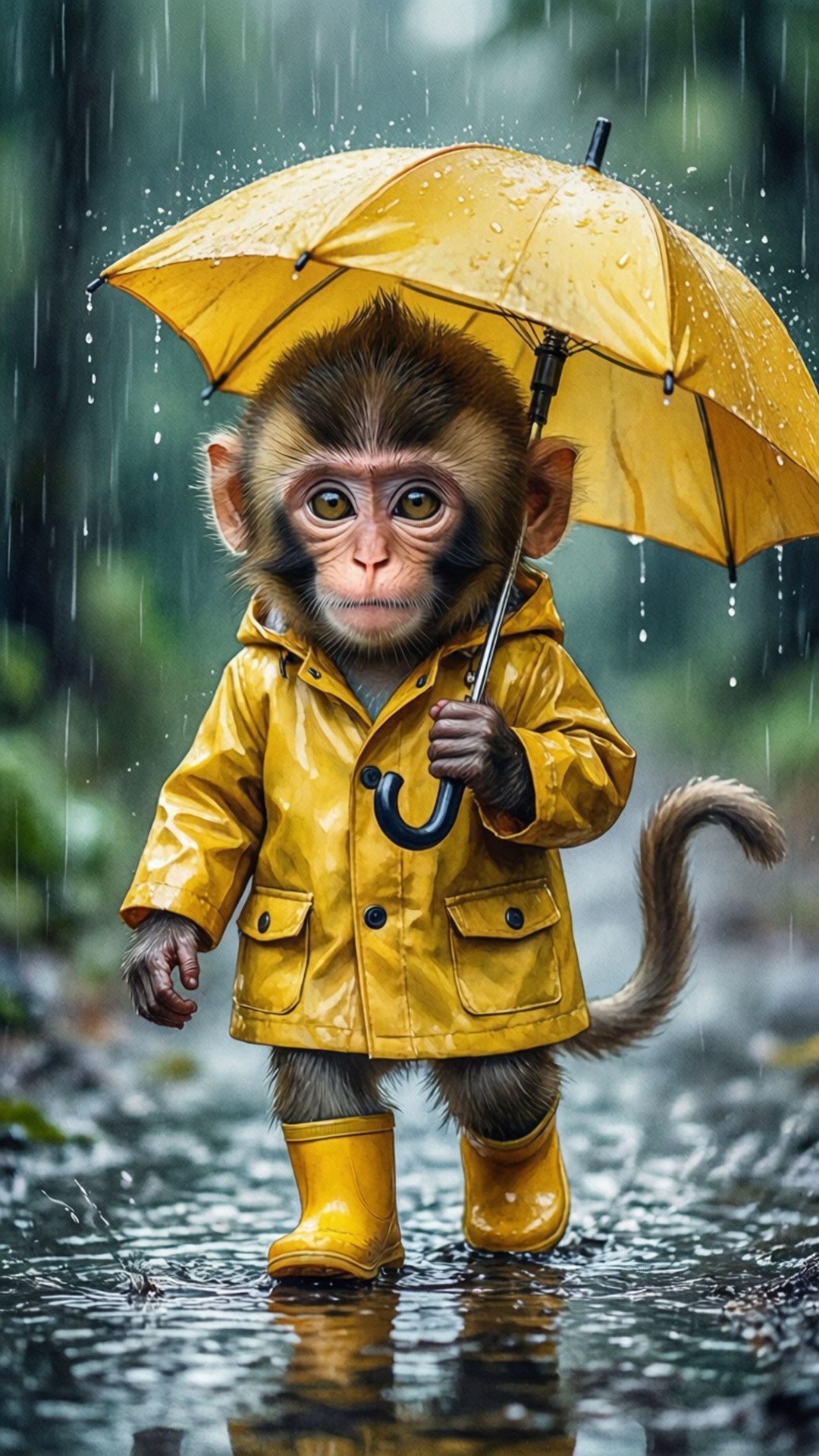 rainy day monkey, yellow raincoat, rain boots, Full HD Phone Wallpaper