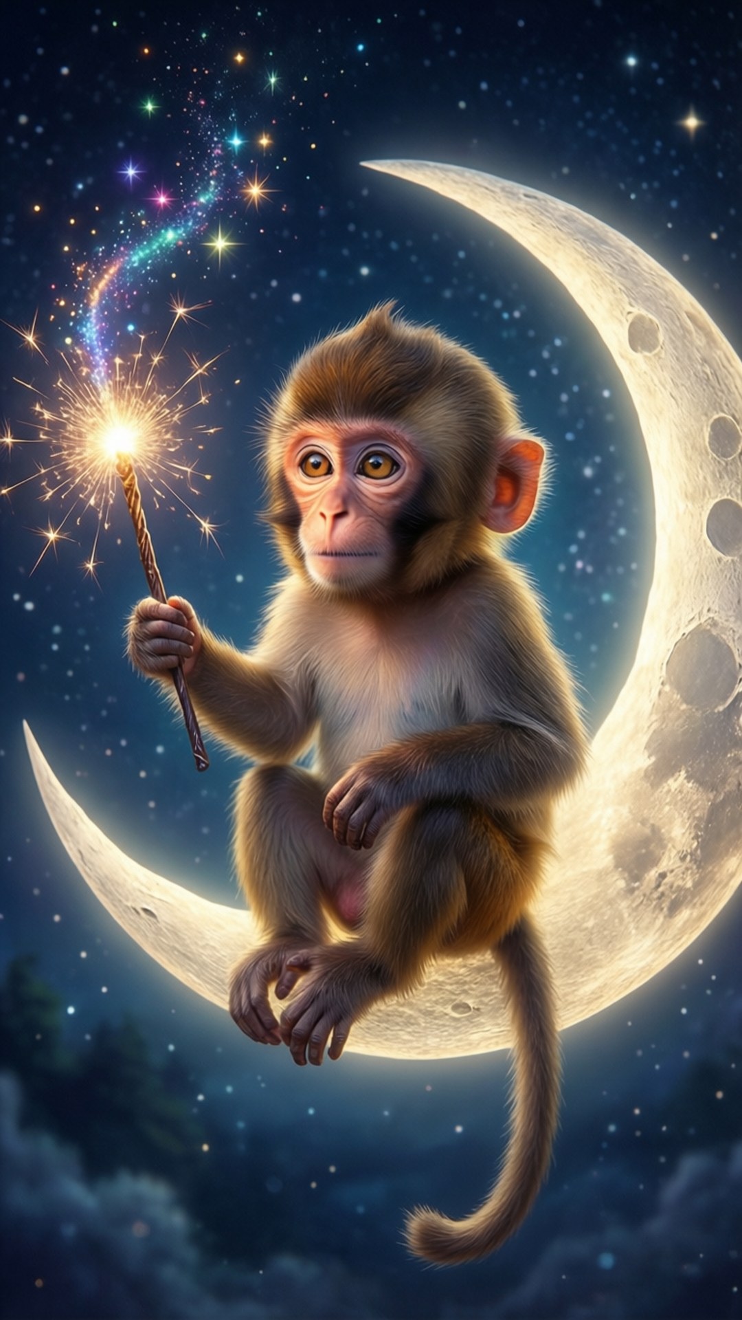 magical moon monkey, crescent moon, sparkling firework, Full HD Phone Wallpaper