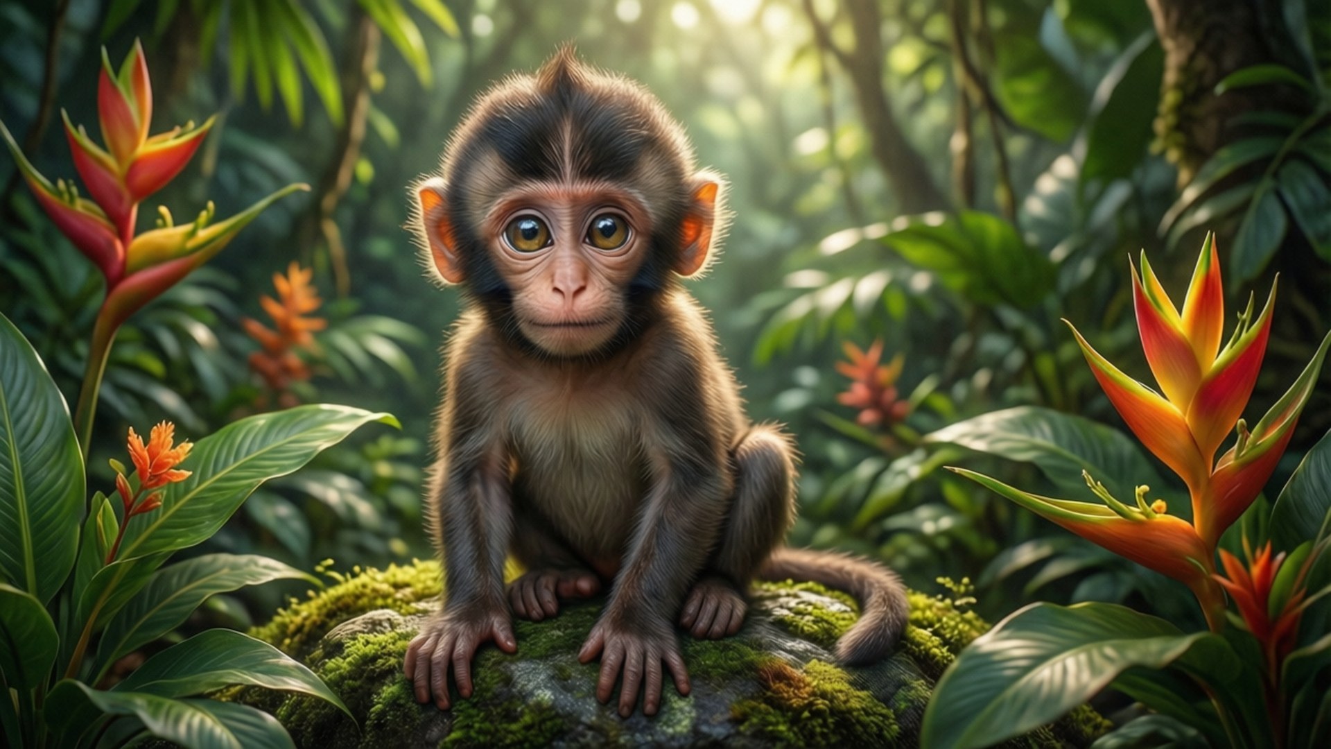 baby monkey, jungle, mossy rock, Full HD Desktop Wallpaper