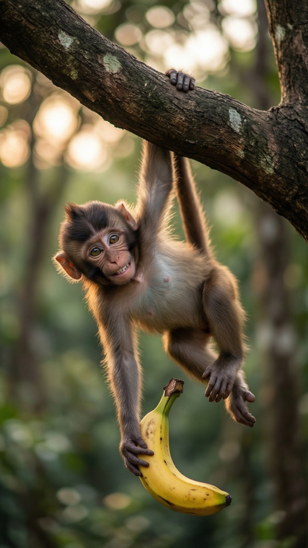 monkey, tree branch, ripe yellow banana, Full HD Phone Wallpaper