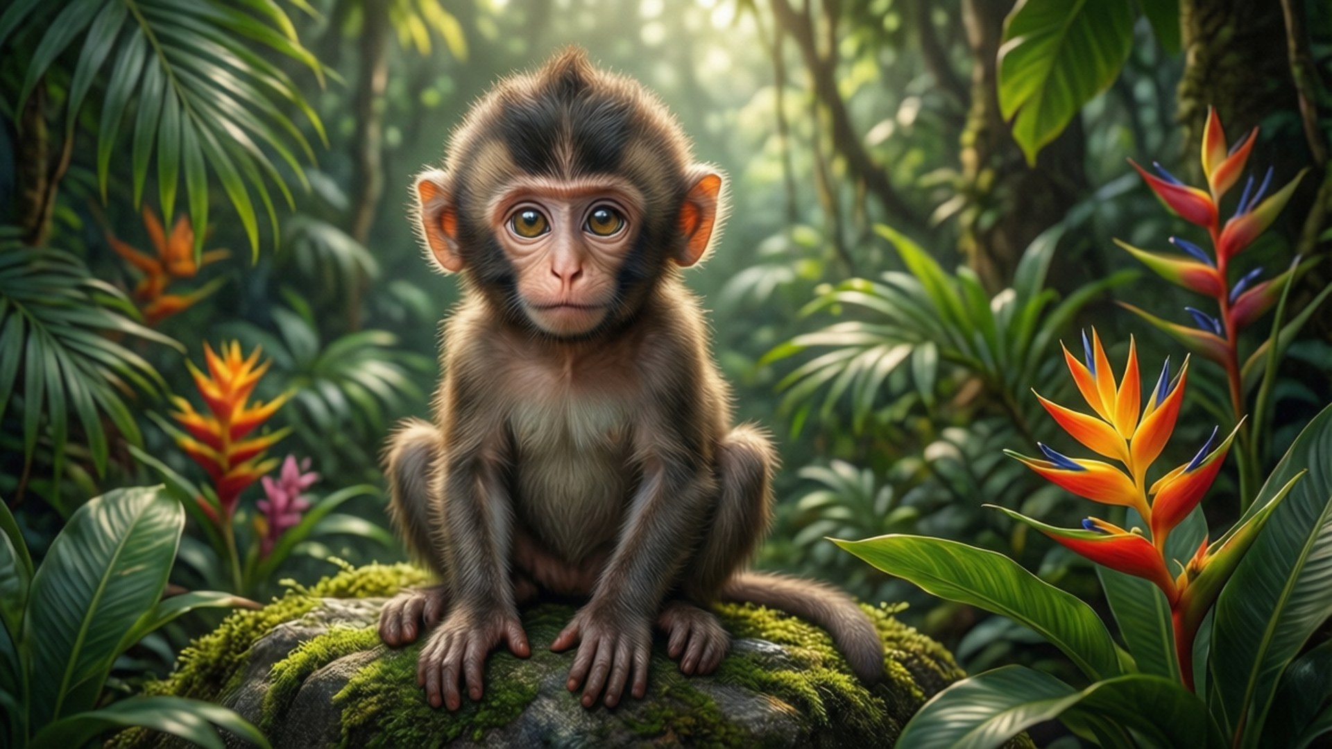 baby monkey, jungle, mossy rock, Full HD Desktop Wallpaper