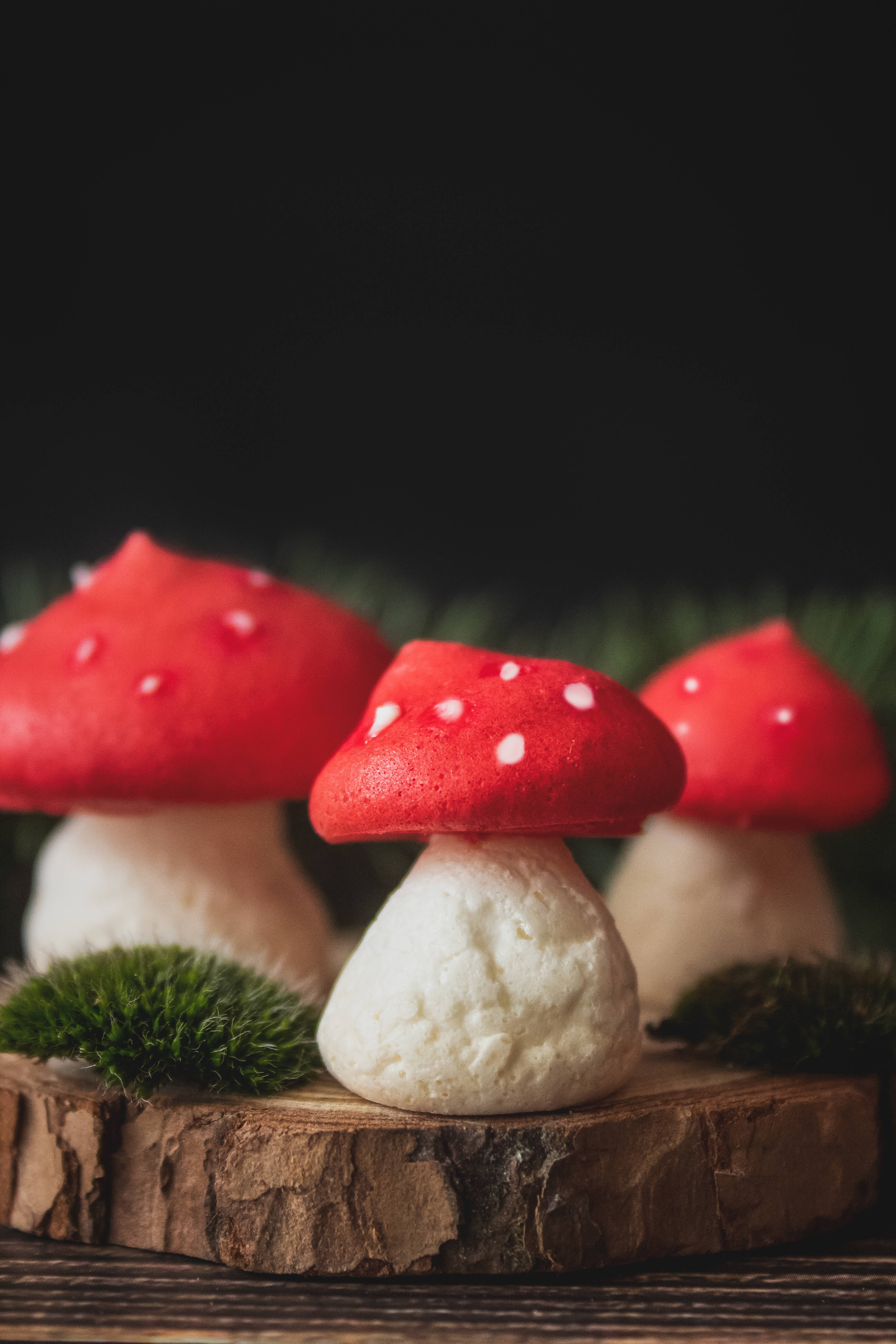 cute mushroom meringue, red and white spotted, rustic wooden slice, 5K Phone Wallpaper