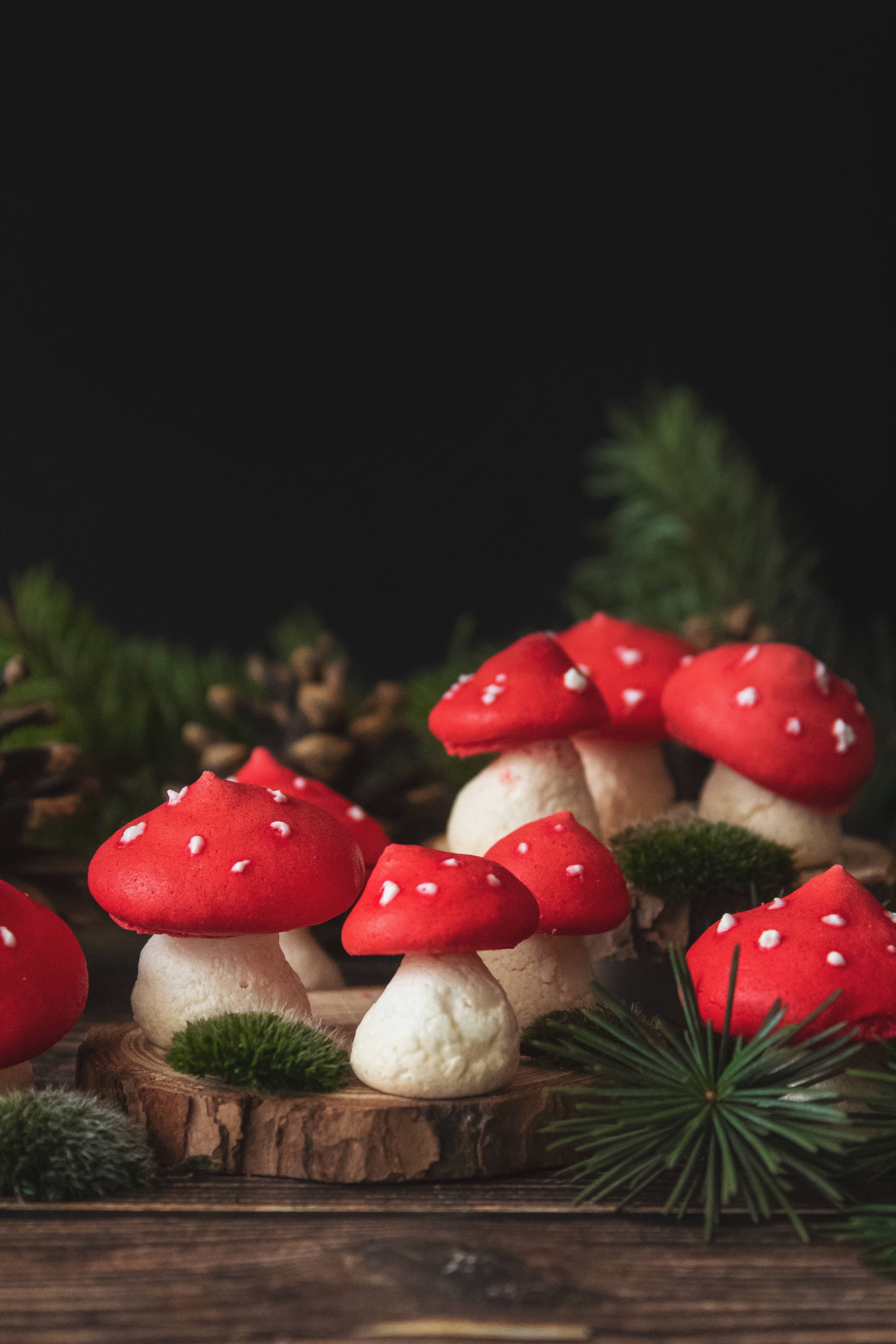 meringue, cute mushrooms, red and white spotted mushroom cookies, 5K Phone Wallpaper