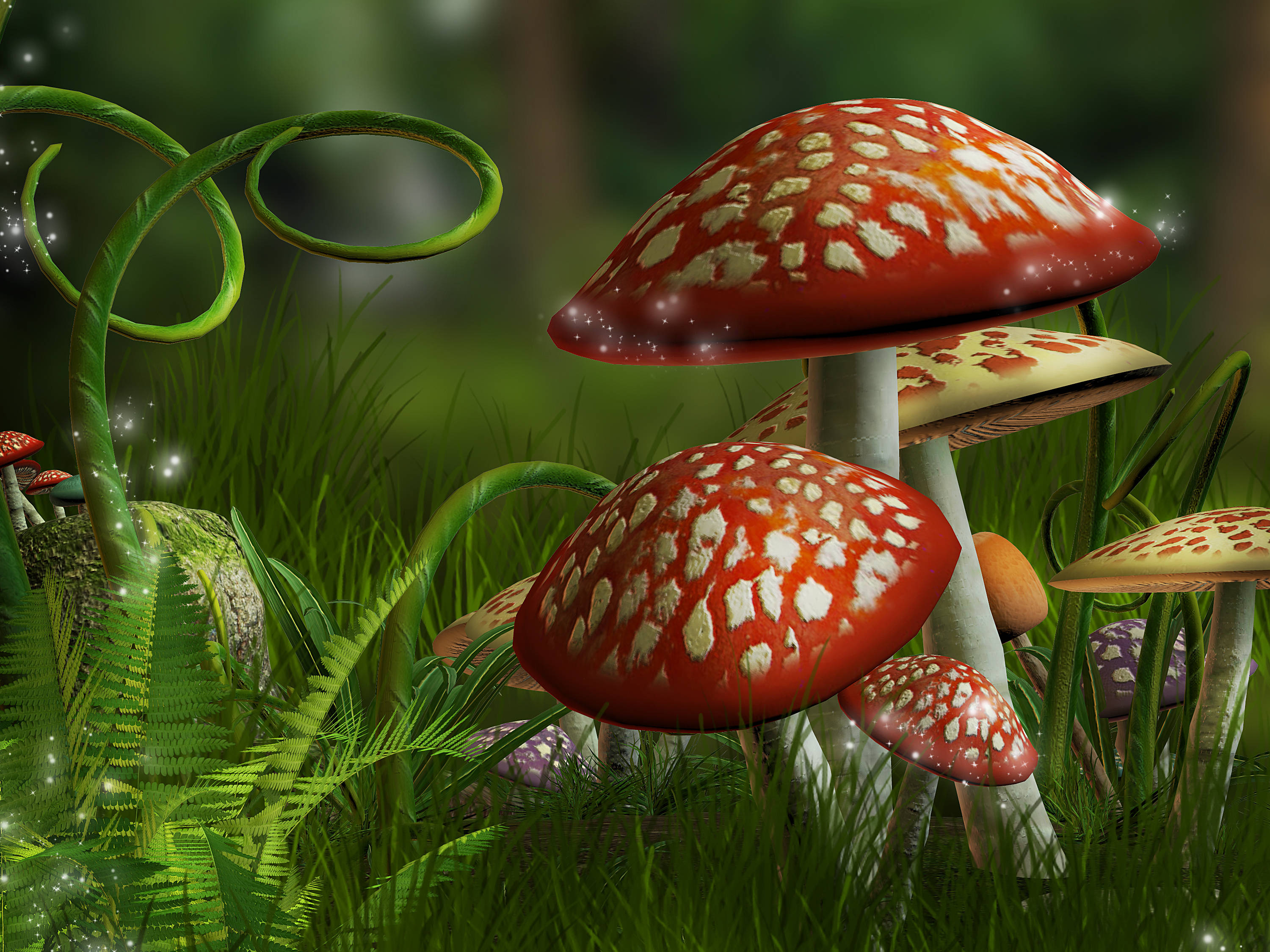 cute magical mushrooms, vines, vibrant red mushrooms, 2K Desktop Wallpaper