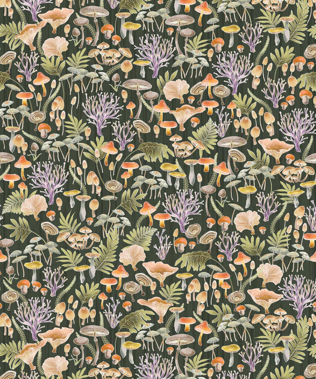 vintage cute mushroom plants fungi art, earth tones, dark green backdrop, HD Phone Wallpaper