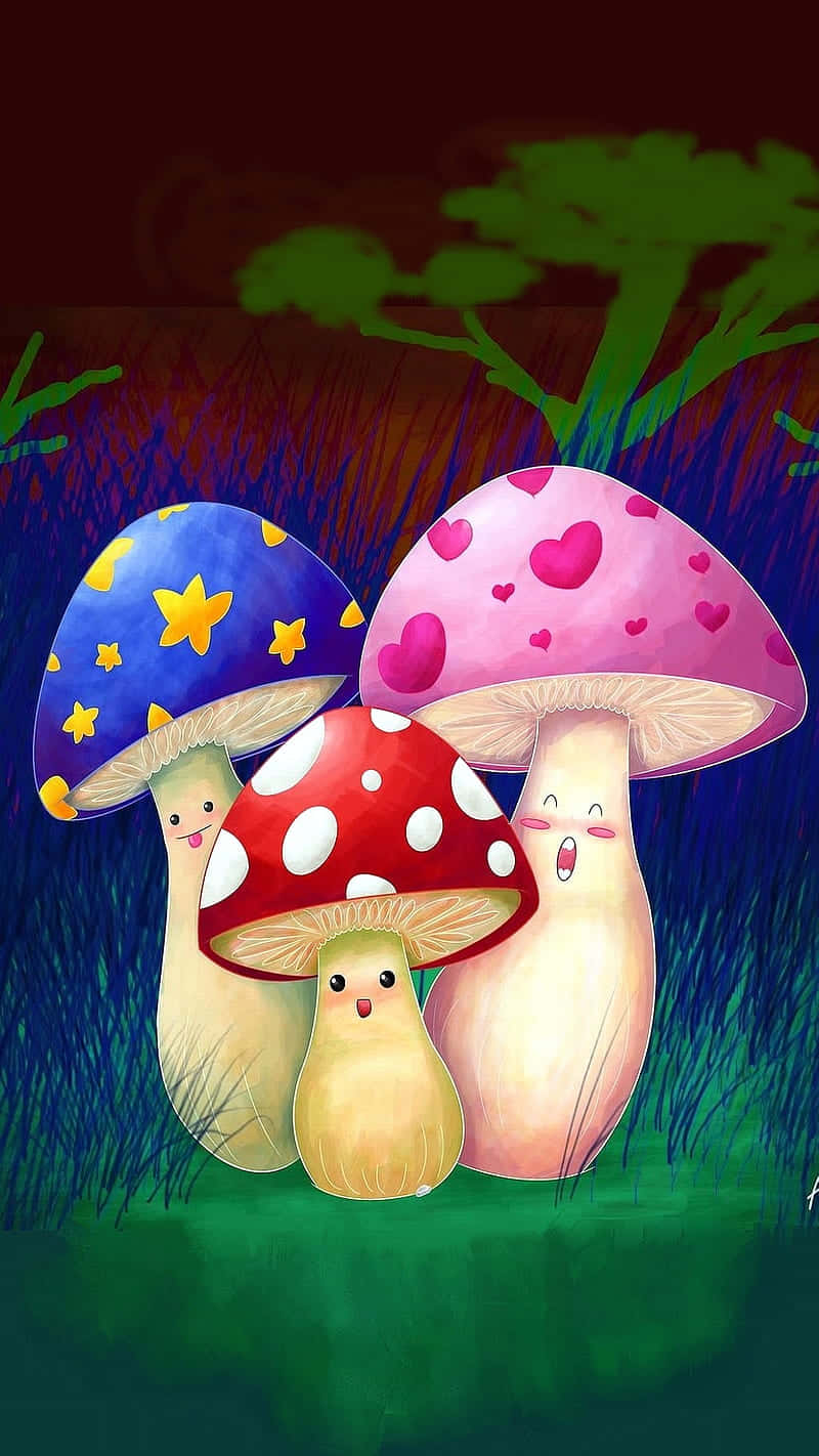 vintage cute mushroom with faces, three cheerful cartoon mushrooms, star and heart caps, HD Phone Wallpaper