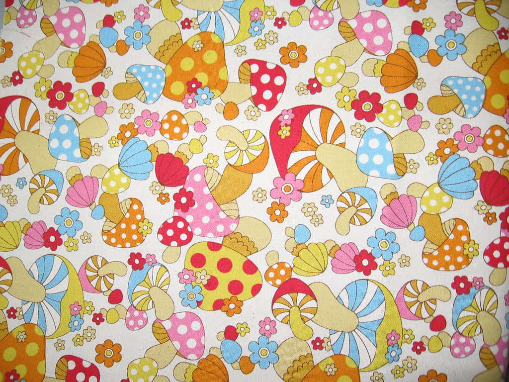 vintage cute mushroom flowers fabric pattern, colorful mushrooms, flowers, SD Desktop Wallpaper