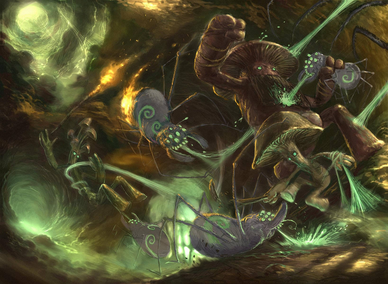 Mushroom Men, cute mushroom, glowing insectoids, HD Desktop Wallpaper