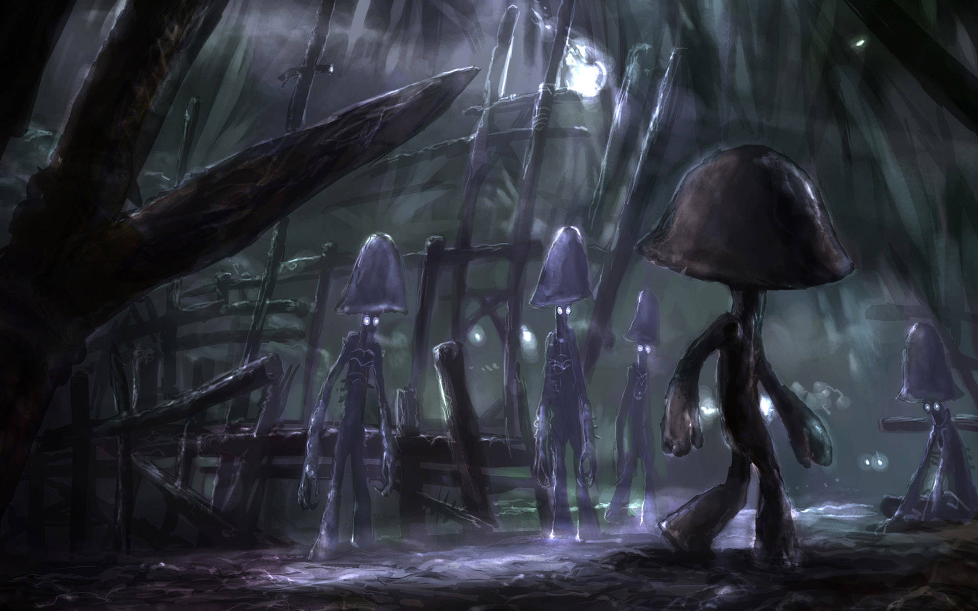 Mushroom Men, mushroom-headed figures, glowing eyes, Full HD Desktop Wallpaper