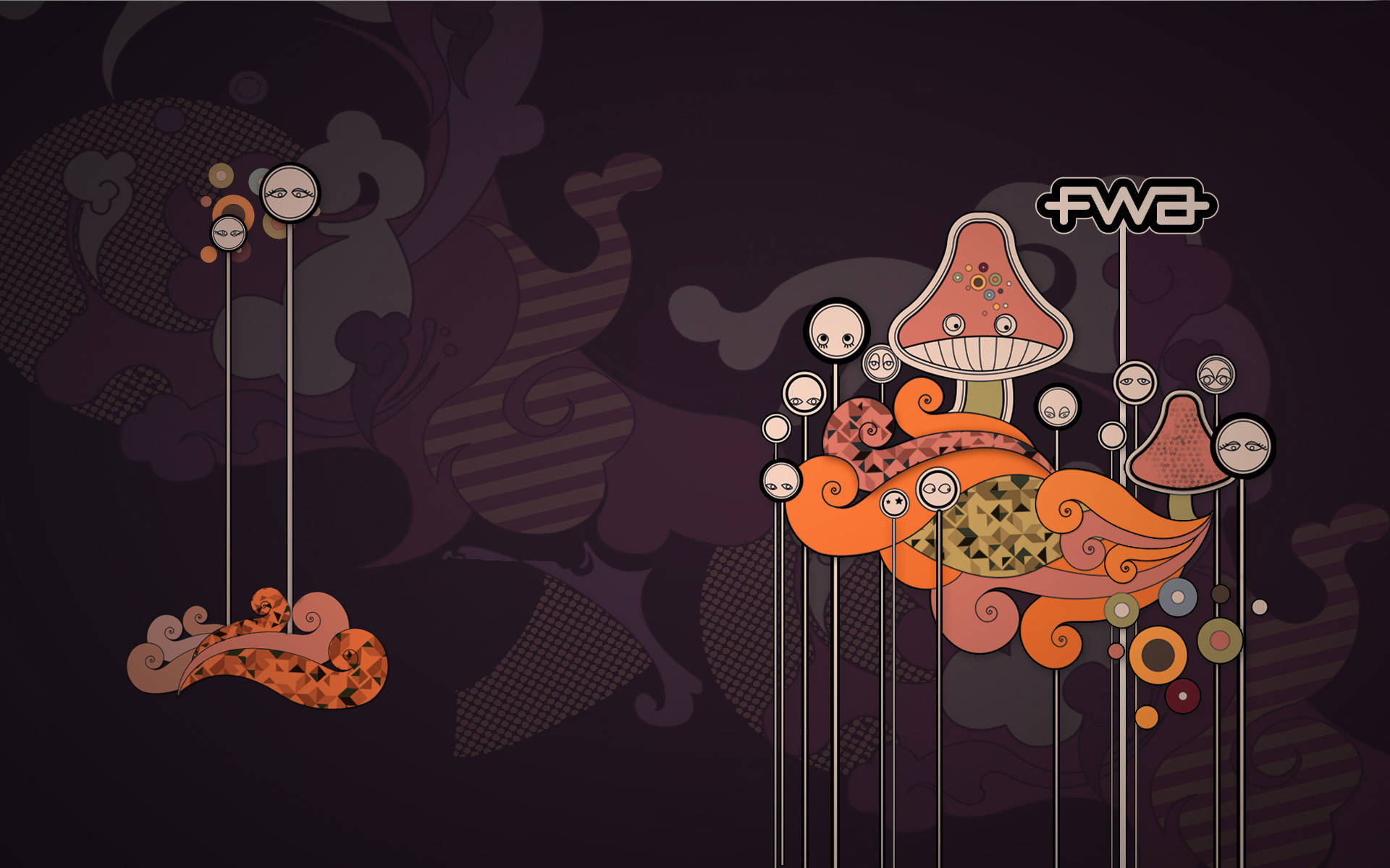 orange mushrooms, faces, swirling patterns, Full HD Desktop Wallpaper
