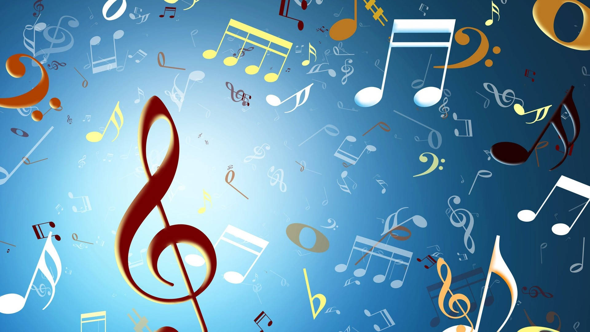 vibrant blue background, floating musical notes, treble clefs, Full HD Desktop Wallpaper