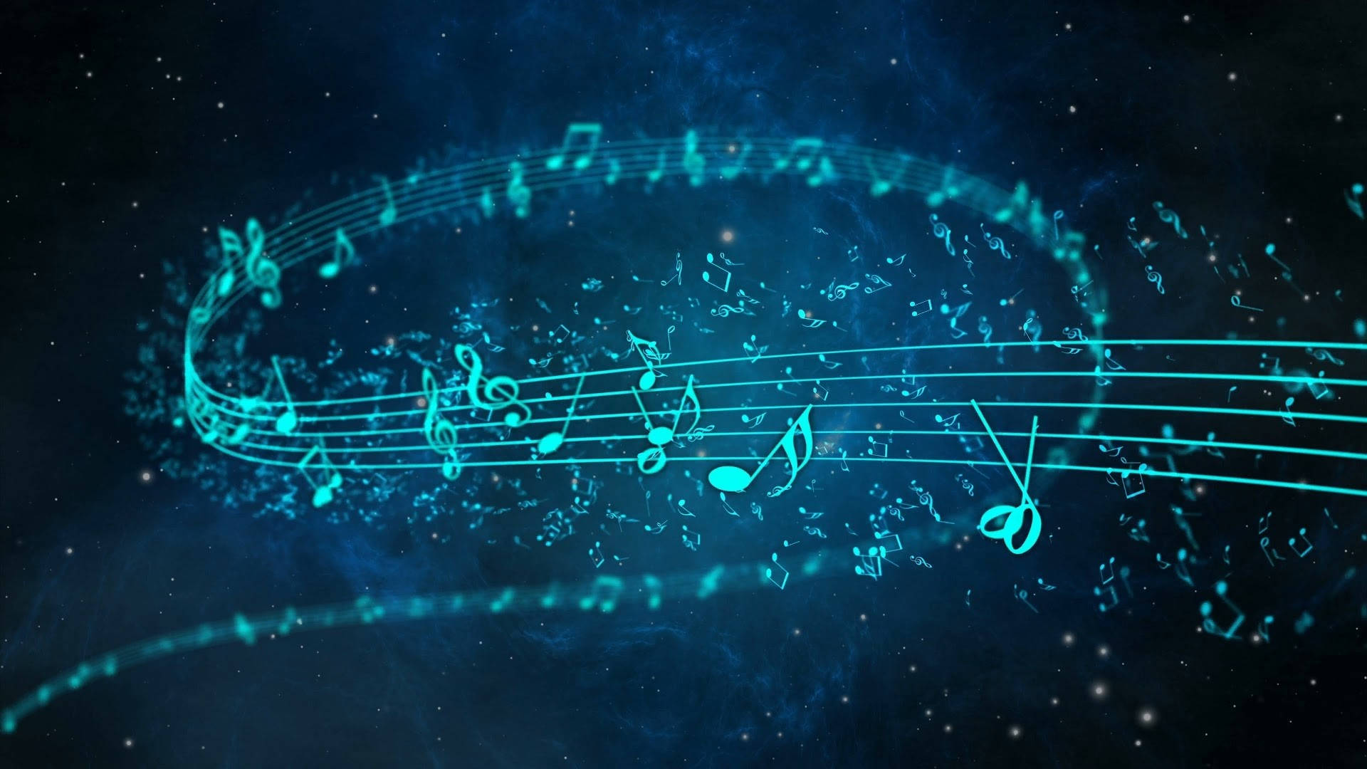 glowing cyan musical notes, starry cosmic background, vibrant digital artwork, Full HD Desktop Wallpaper
