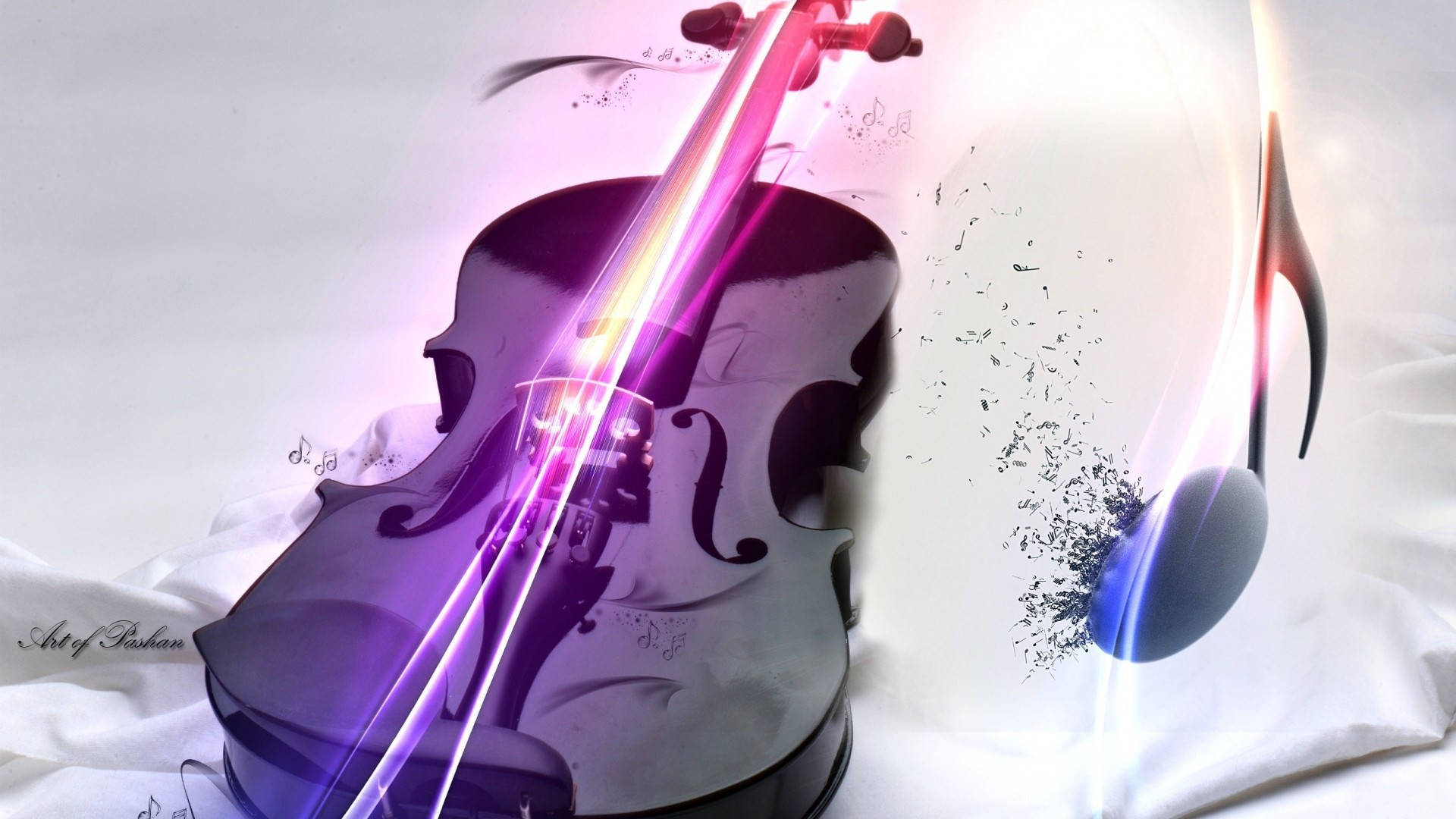 sleek black violin, vibrant purple and pink light, floating musical notes, Full HD Desktop Wallpaper