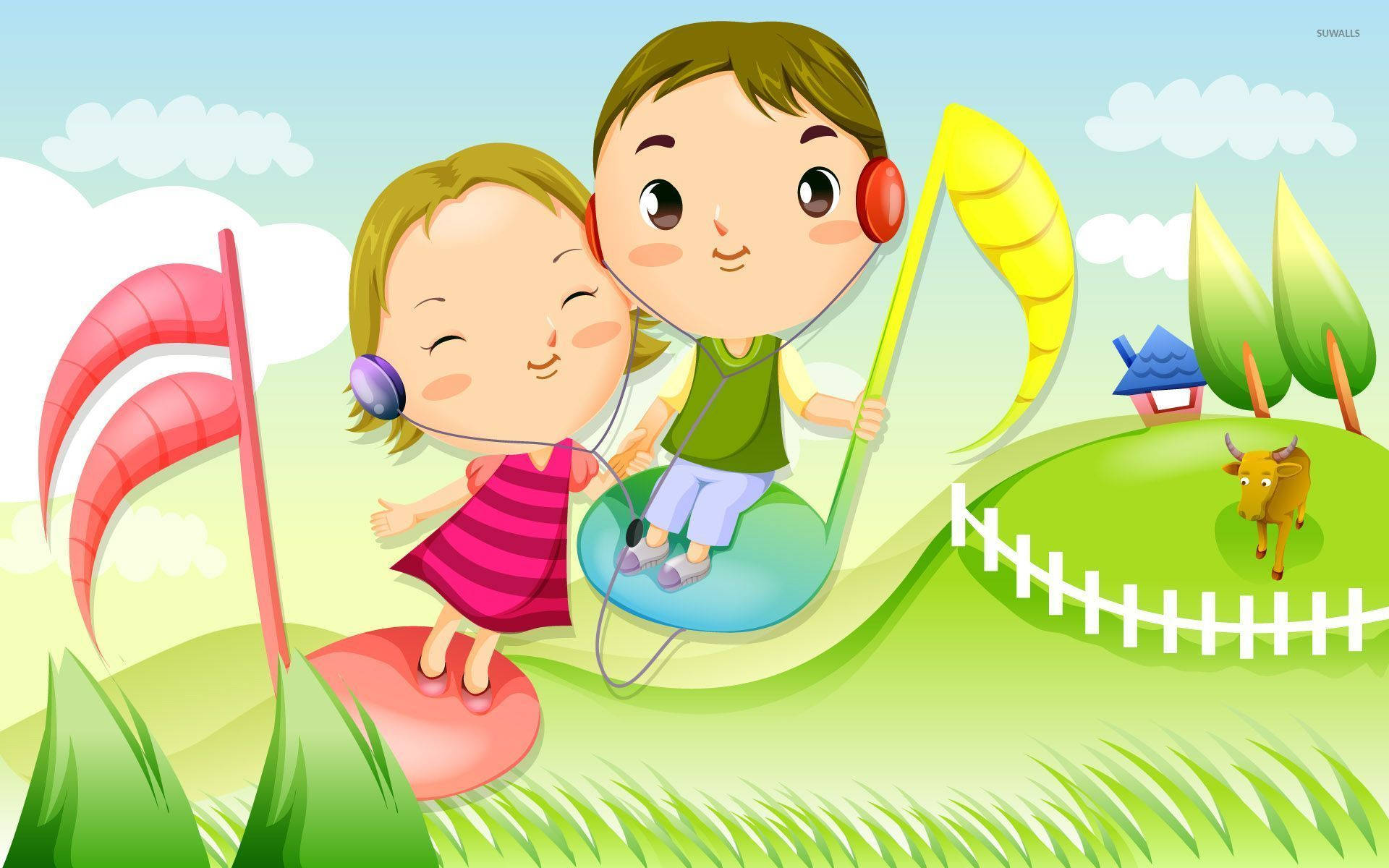 Cute Music, little kids cartoon art, giant musical notes, Full HD Desktop Wallpaper