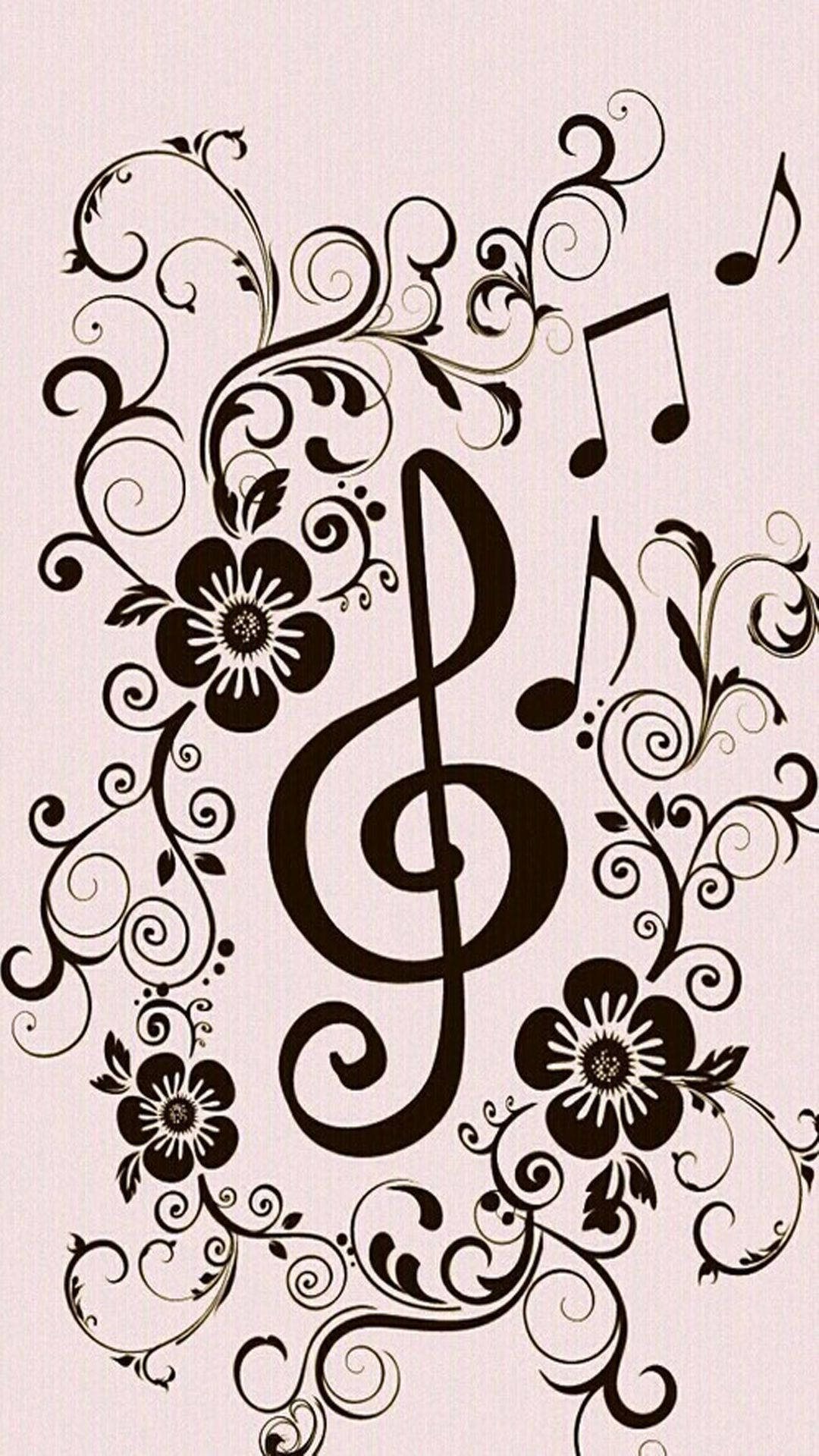cute music notes, floral aesthetic, soft pink background, Full HD Phone Wallpaper
