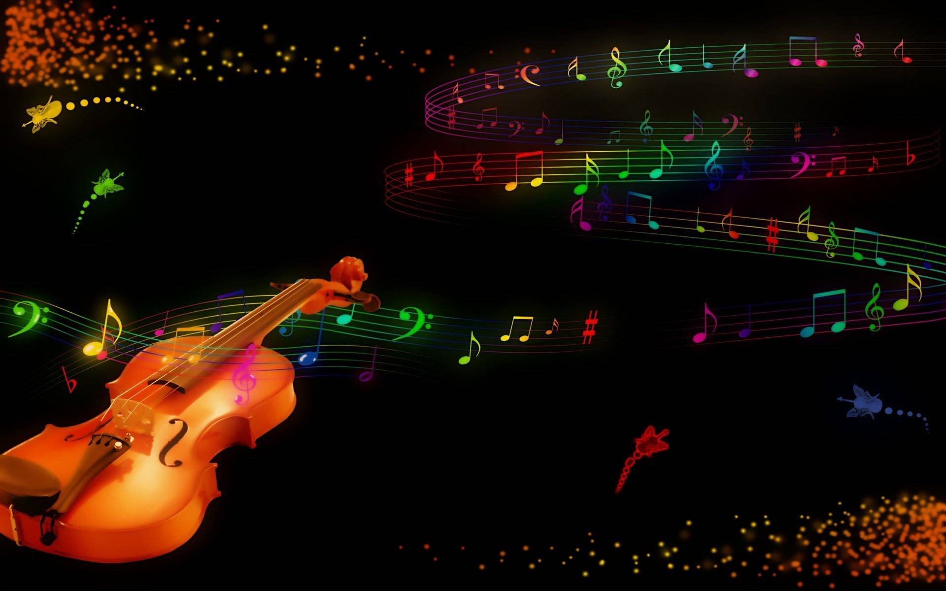 glowing violin, vibrant rainbow musical notes, glowing fireflies, Full HD Desktop Wallpaper
