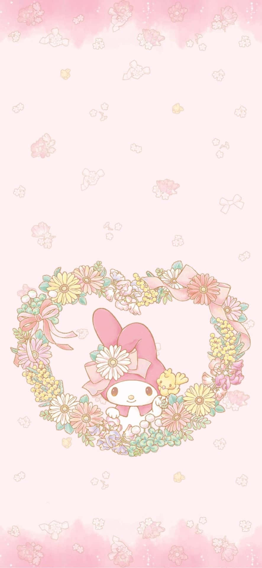 Cute My Melody, floral heart wreath, pastel pink background, Full HD Phone Wallpaper
