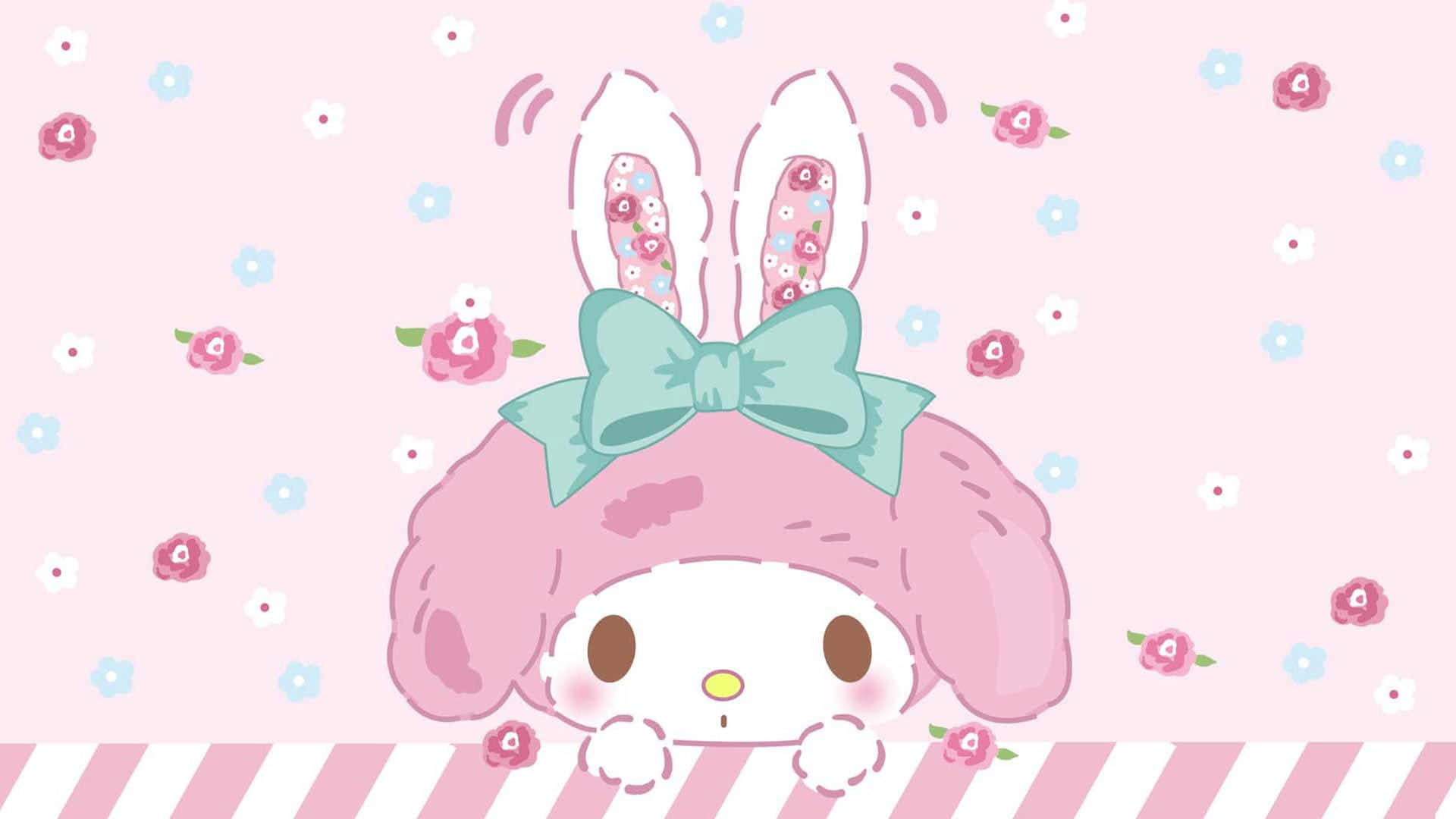 My Melody, pink bunny character, floral ears, Full HD Desktop Wallpaper
