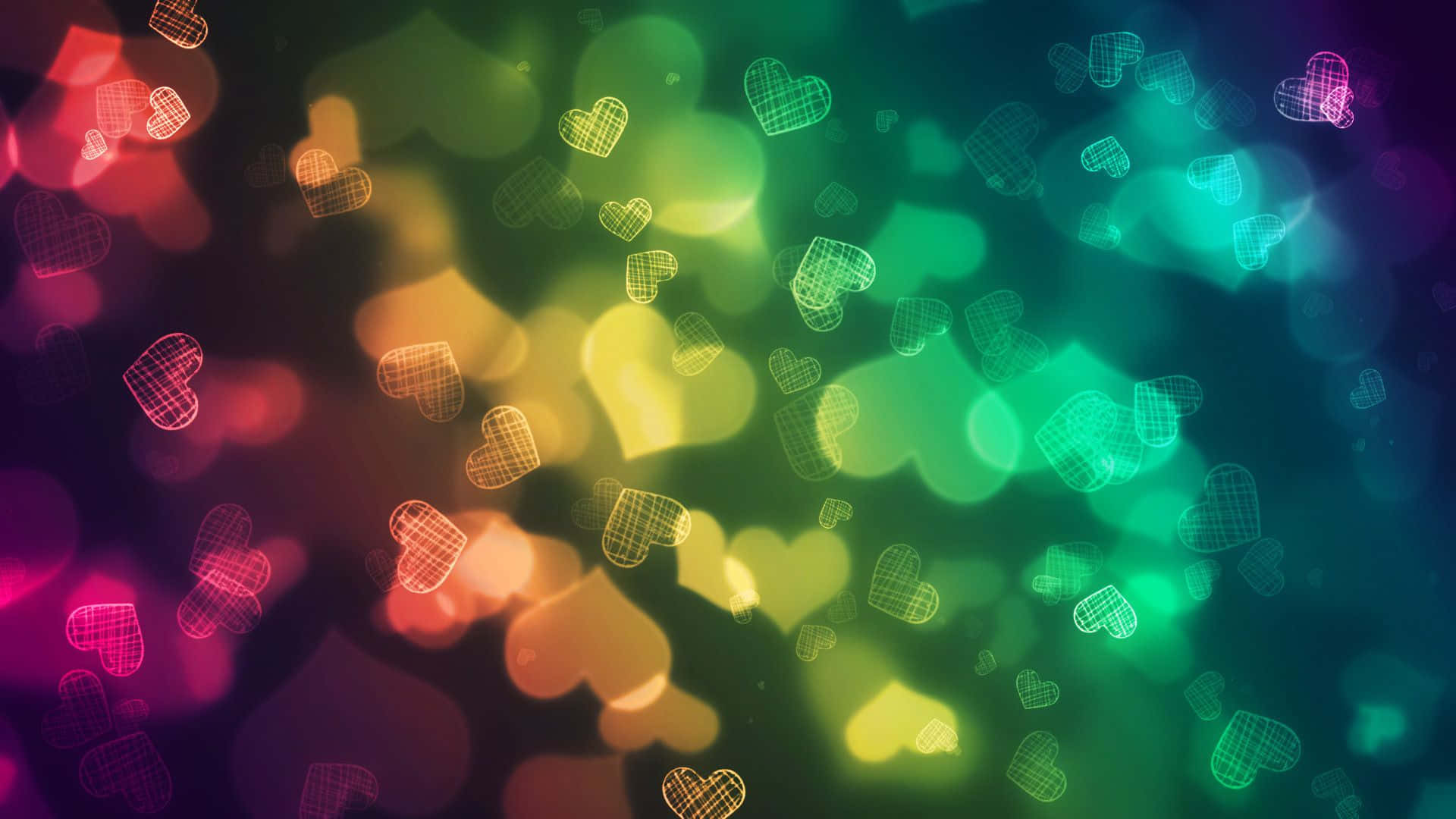 wireframe hearts, vibrant bokeh background, rainbow hues, Full HD Desktop Wallpaper