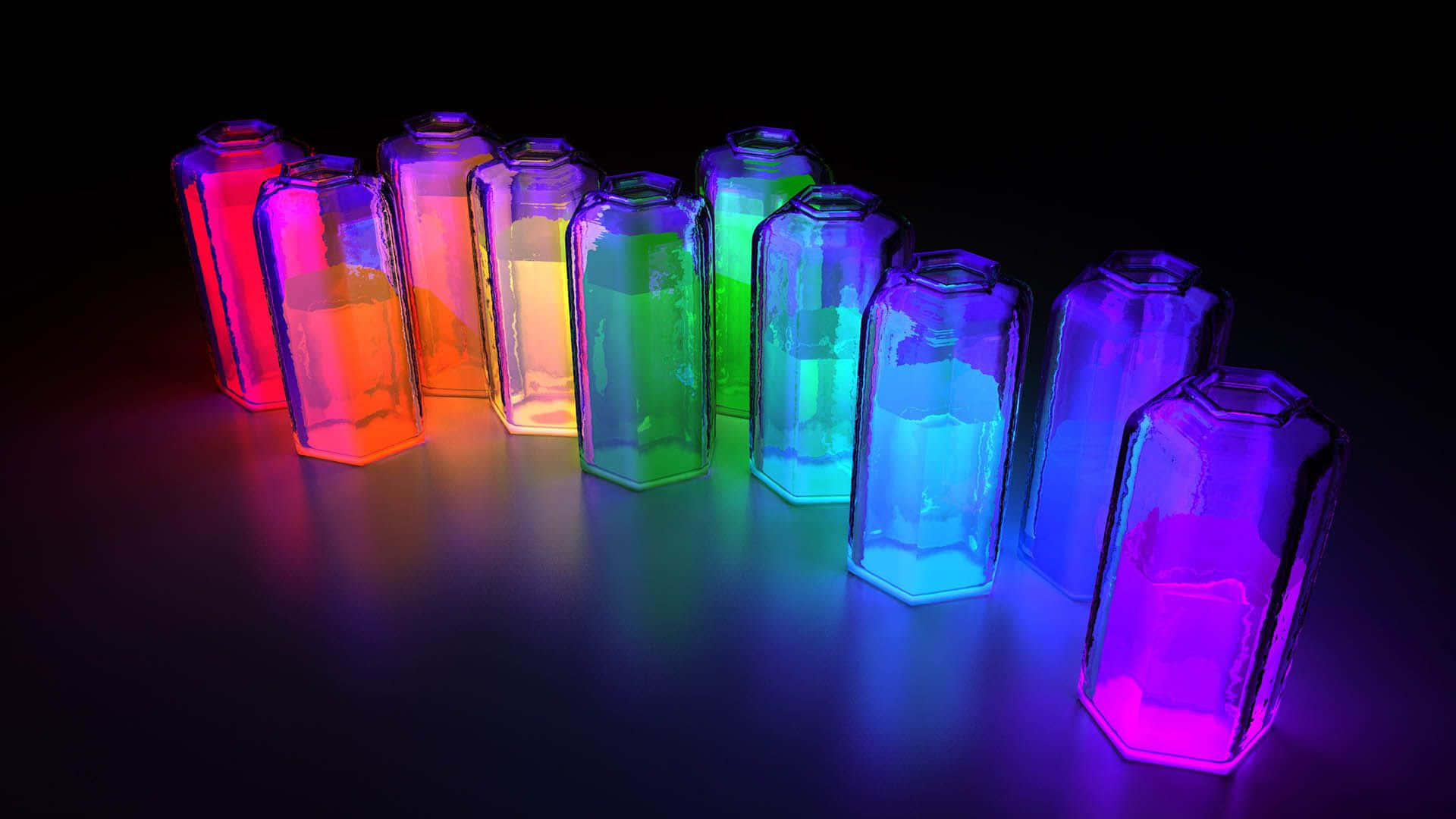 hexagonal glass bottles, vibrant rainbow colors, black background, Full HD Desktop Wallpaper