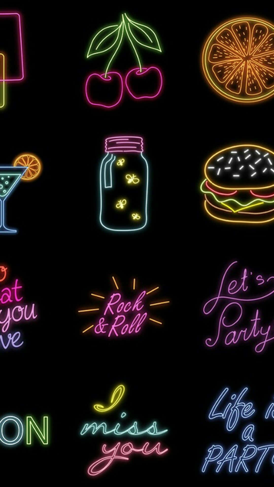 neon sign set, cherries, cocktails, Full HD Phone Wallpaper