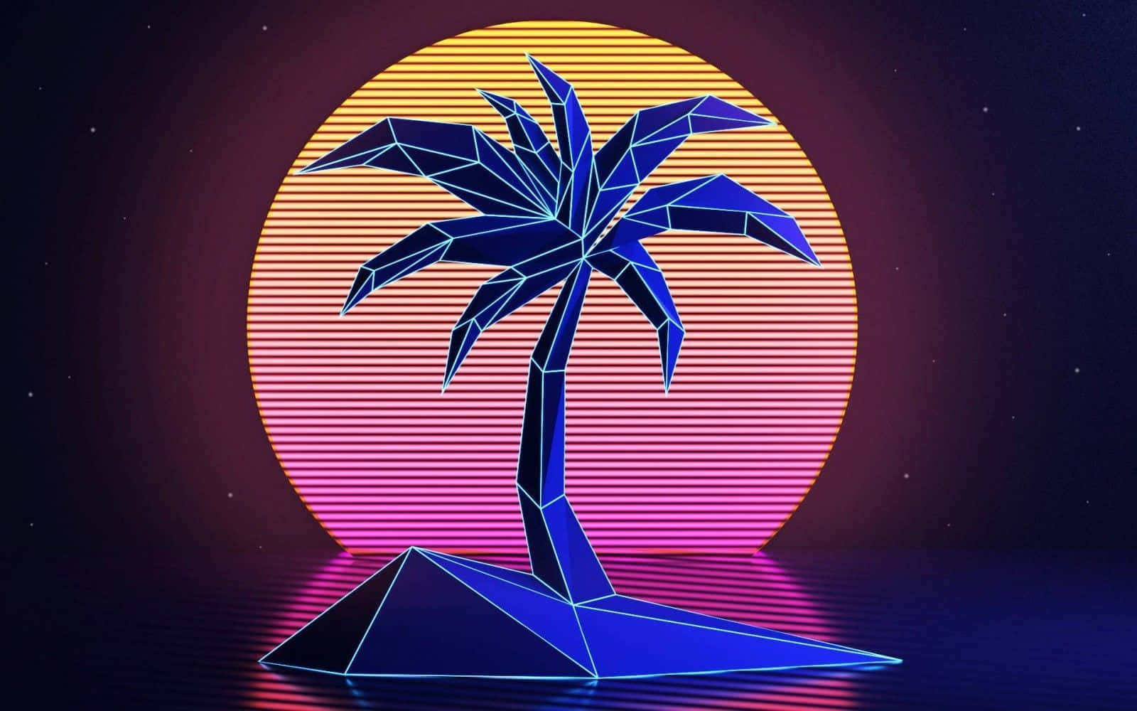 geometric blue palm tree, triangular island, vibrant sunset, HD Desktop Wallpaper