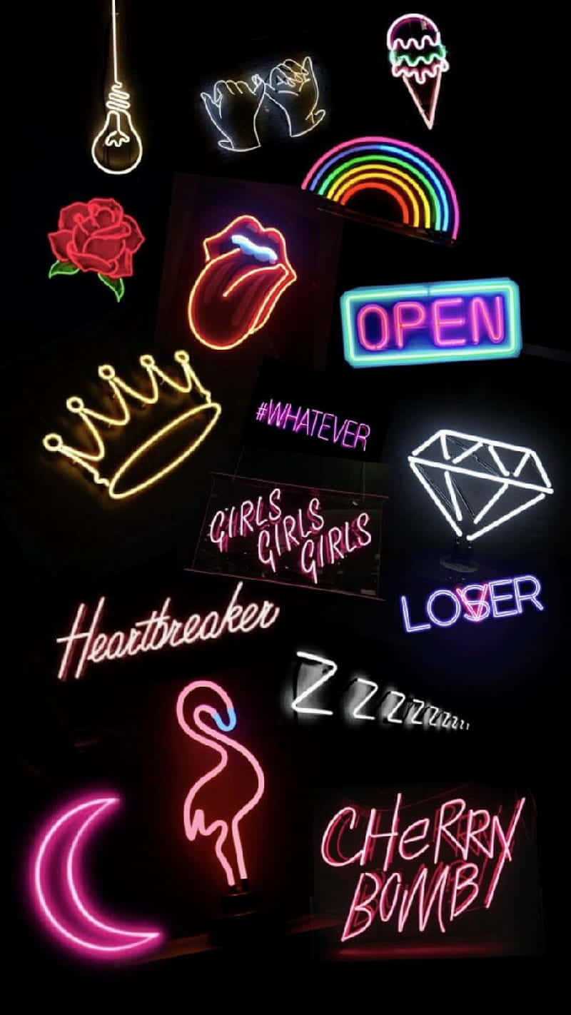 neon signs collage, black background, lips, HD Phone Wallpaper