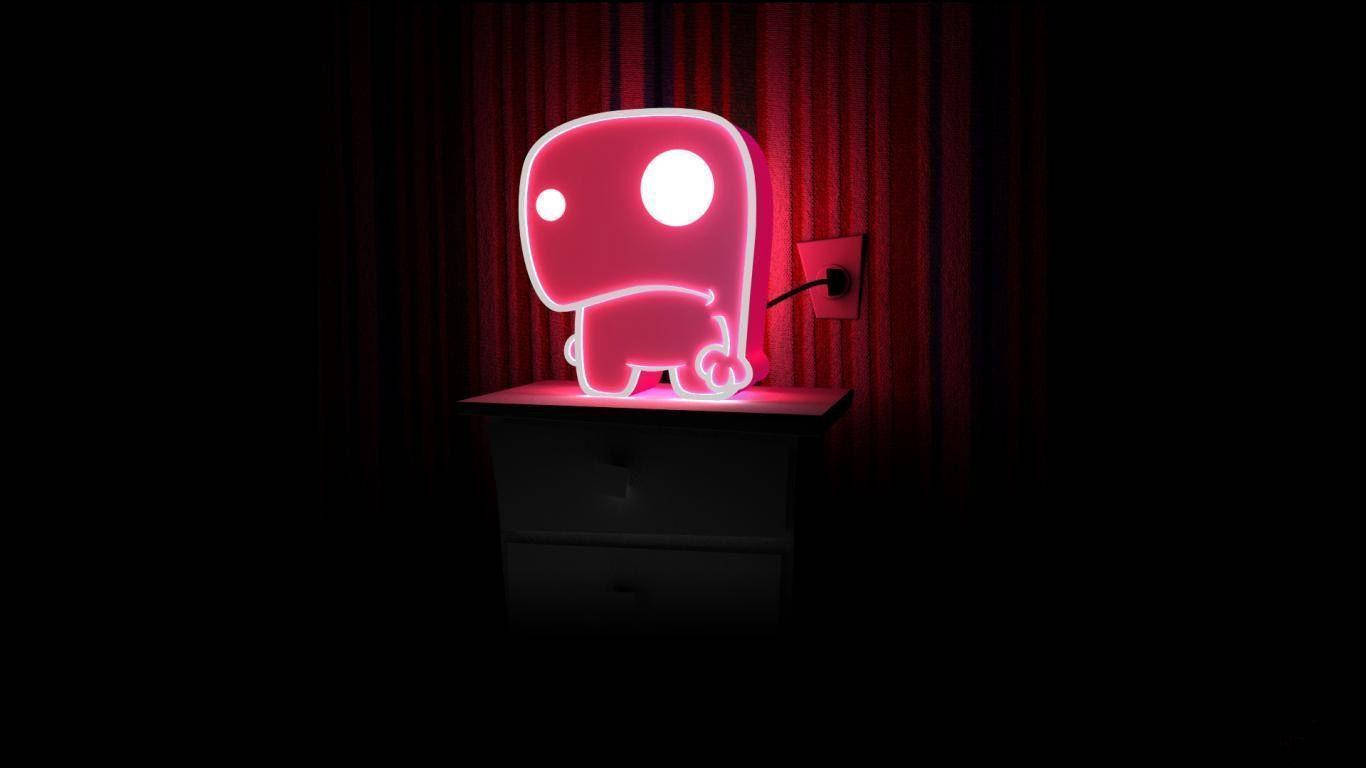 glowing pink neon dinosaur lamp, dark dresser, red curtains, HD Desktop Wallpaper