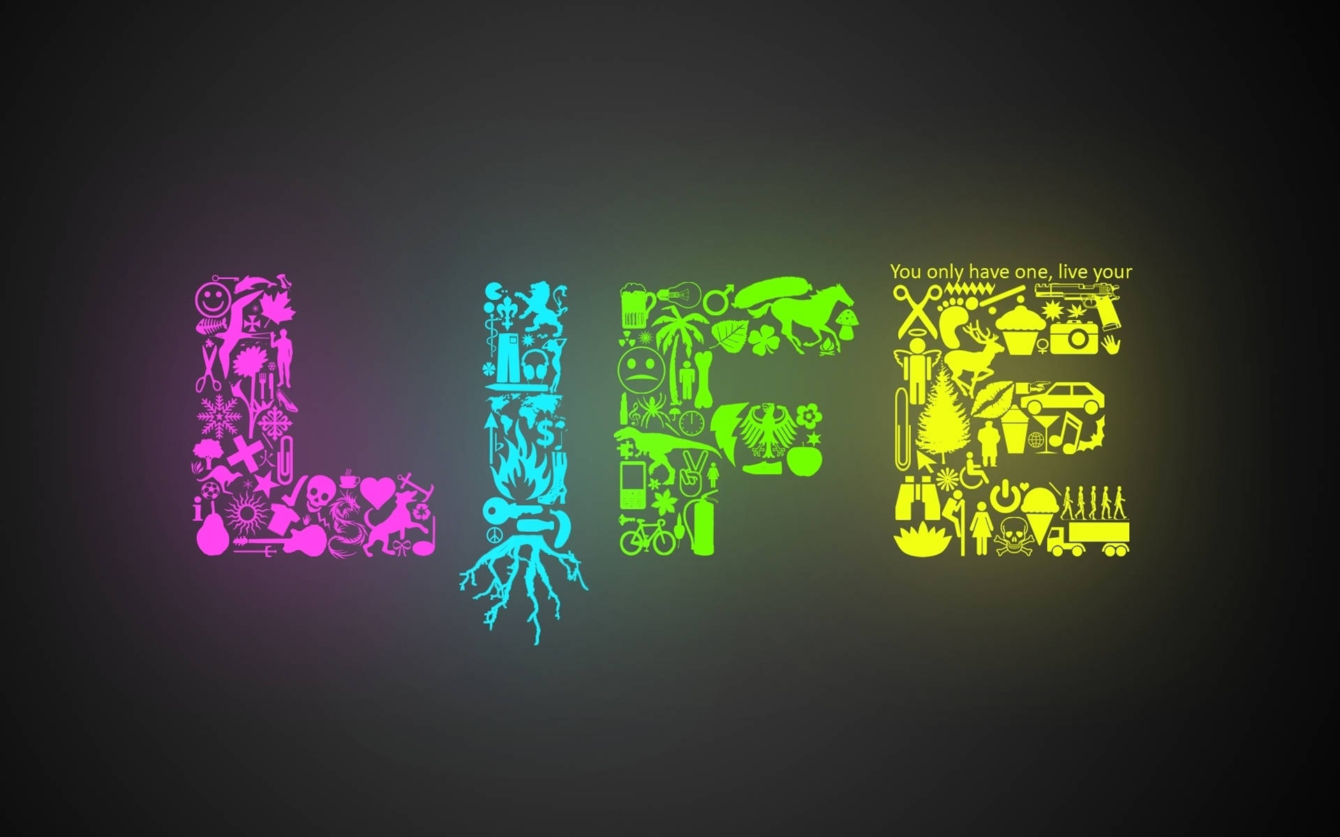 LIFE, vibrant neon colors, diverse icons, Full HD Desktop Wallpaper