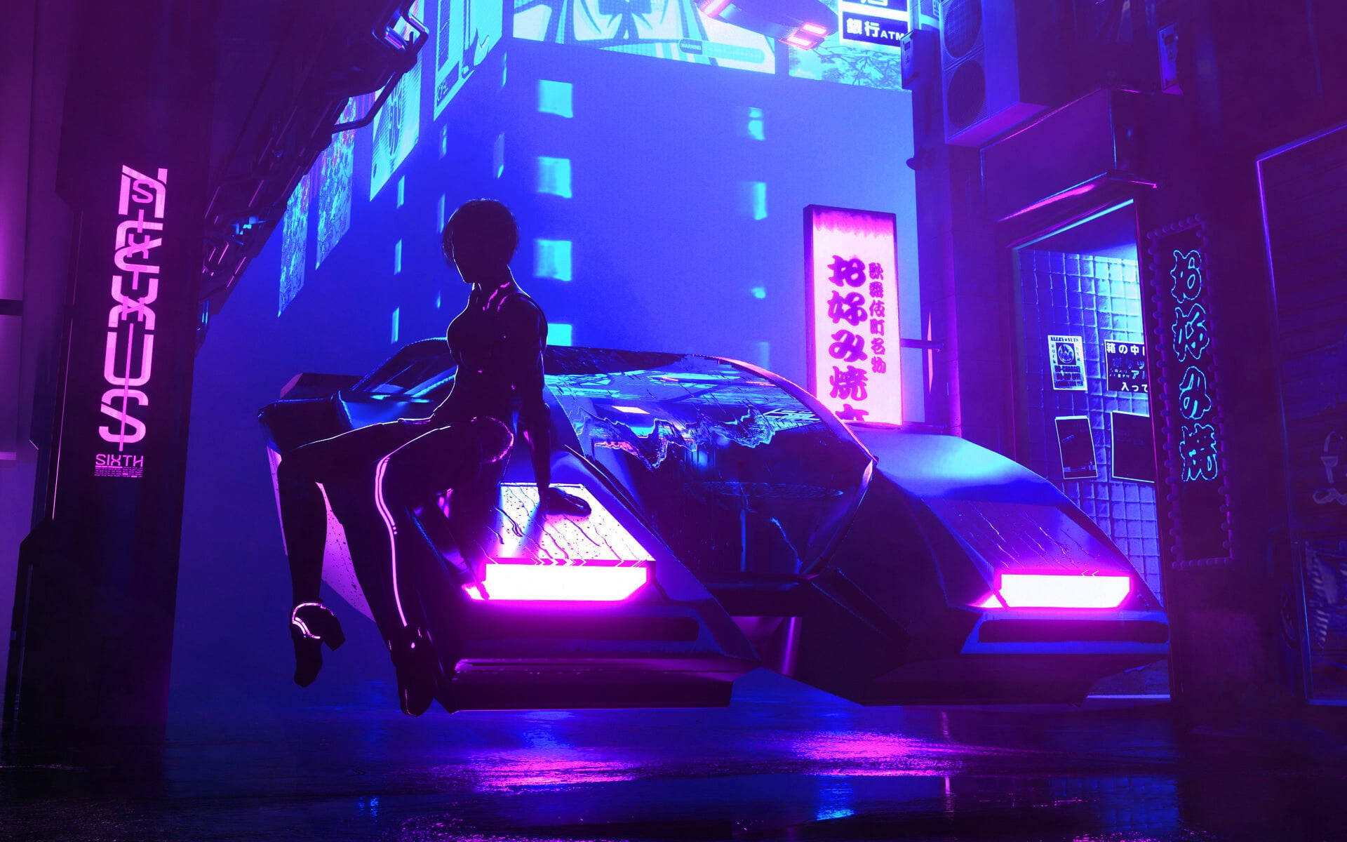 neon-lit sports car, futuristic cyberpunk figure, rain-slicked urban alley, Full HD Desktop Wallpaper